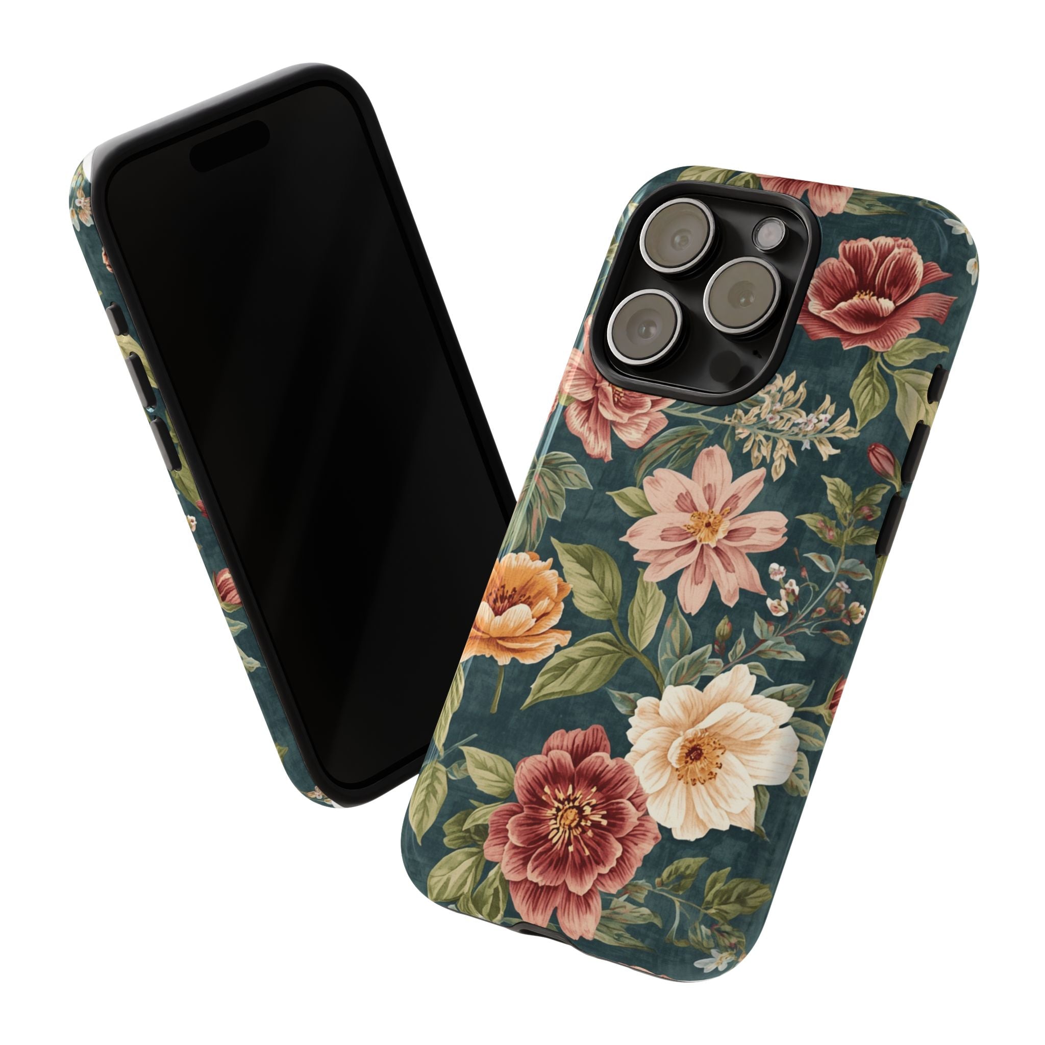 Floral Vintage Phone Case — Dark Green Rose Protective Case
