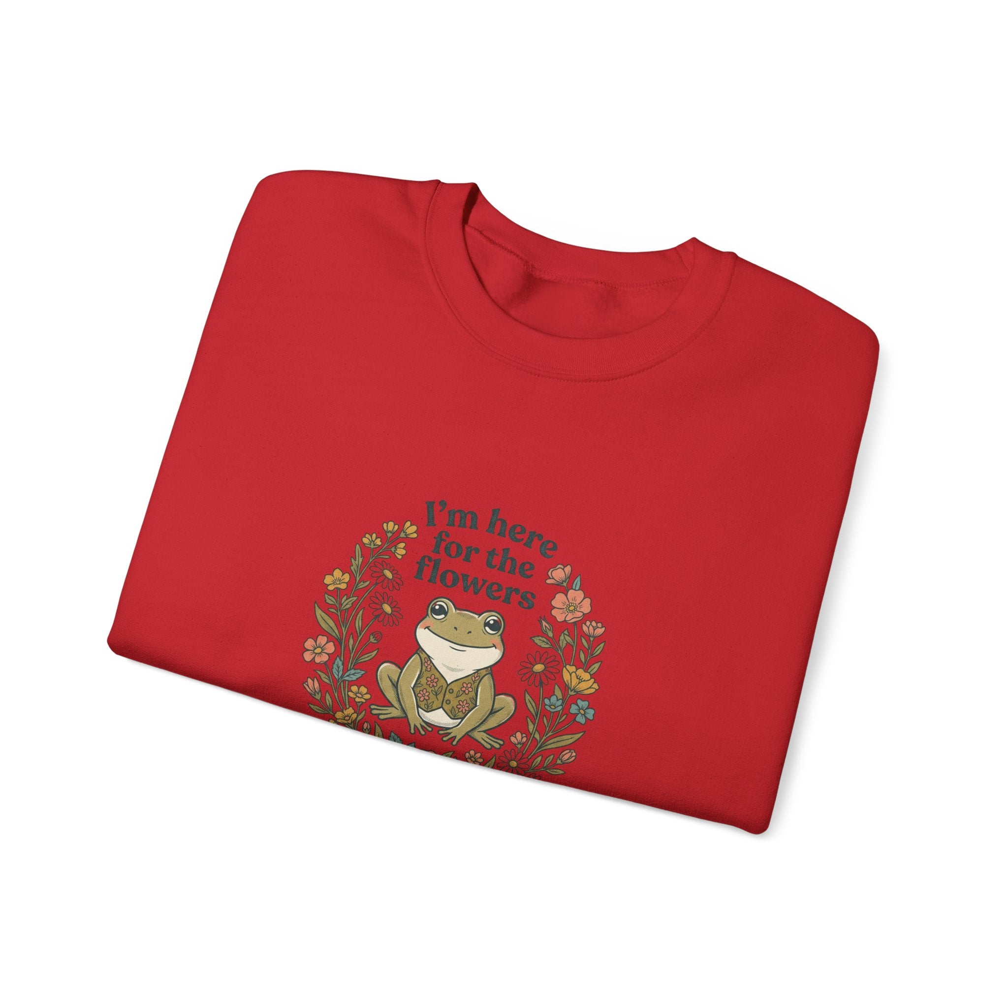 Crewneck Sweatshirt — “I’m Here for the Flowers” Frog Floral Graphic