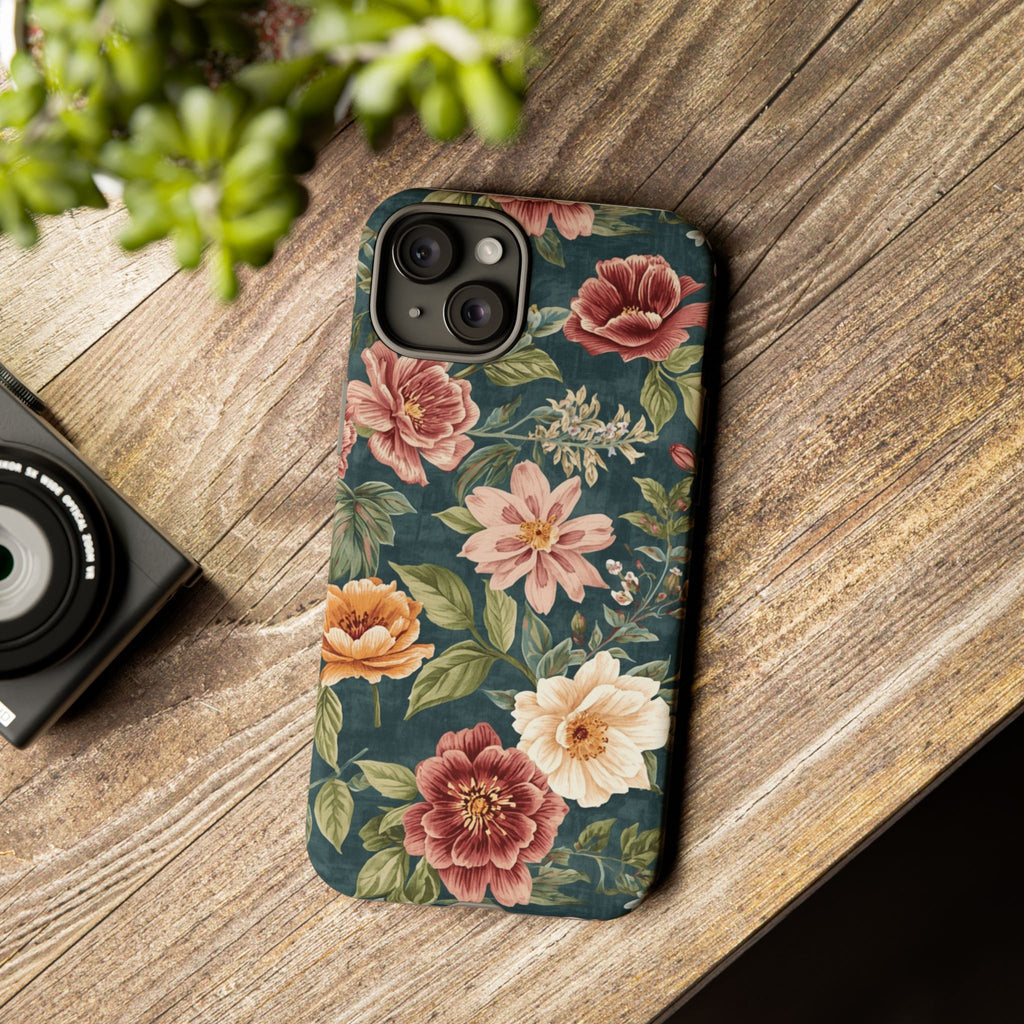 Floral Vintage Phone Case — Dark Green Rose Protective Case