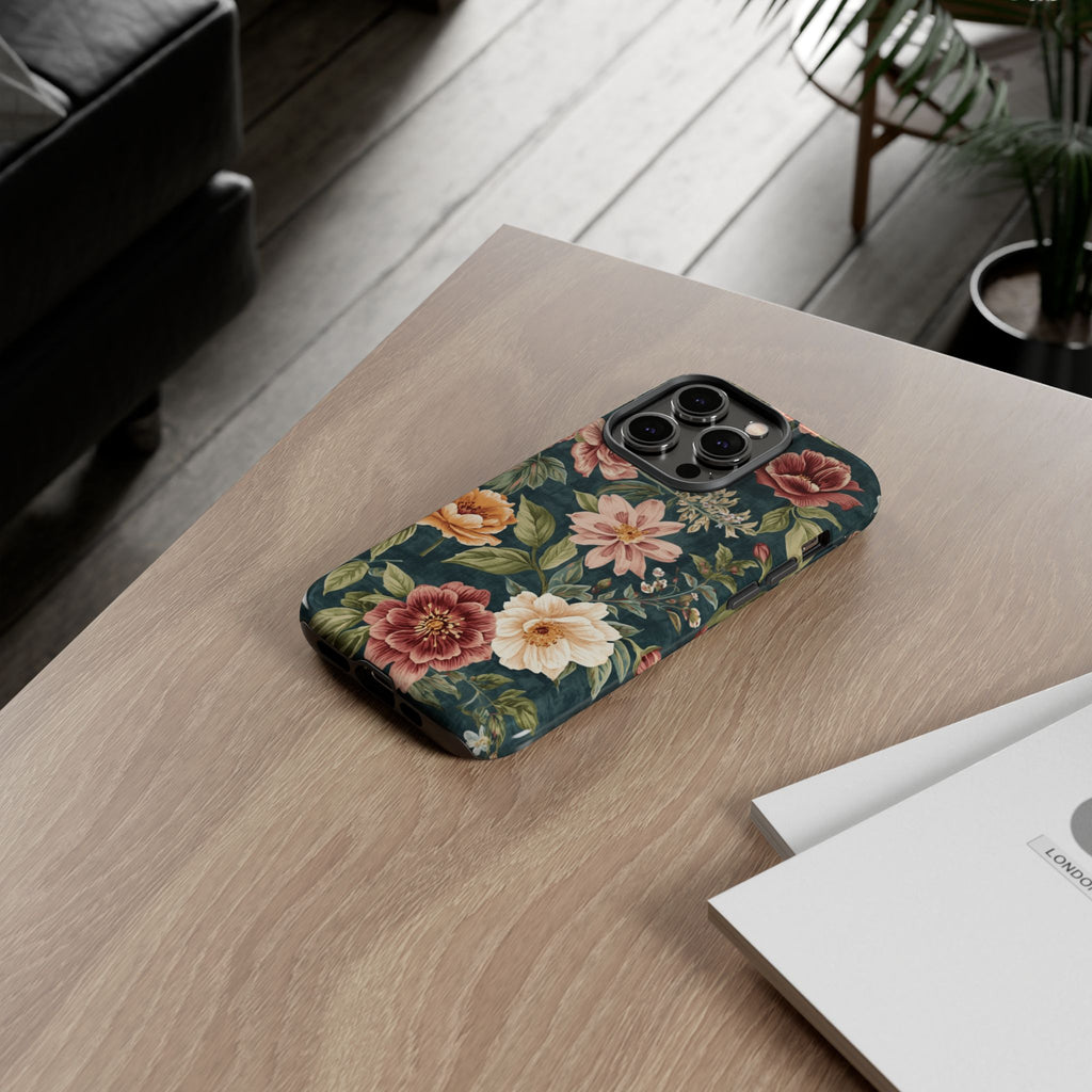 Floral Vintage Phone Case — Dark Green Rose Protective Case