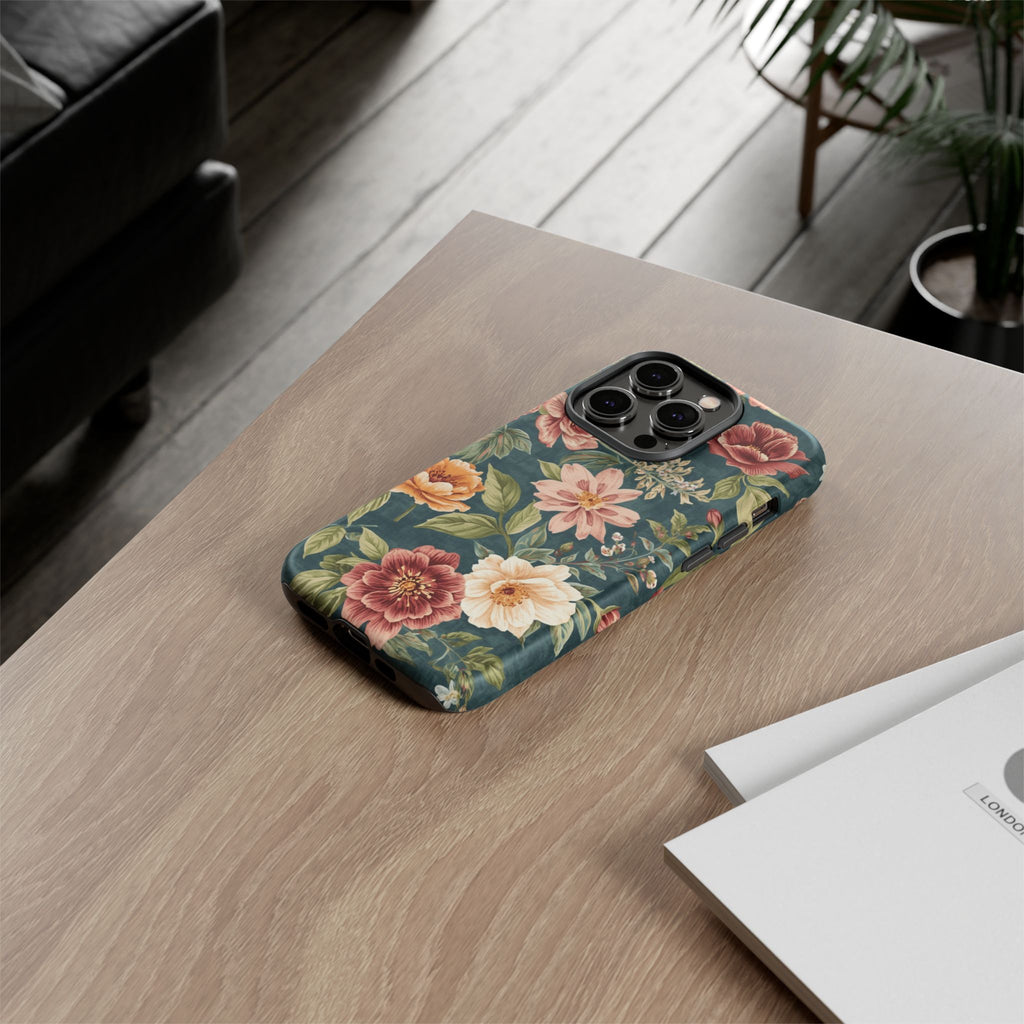 Floral Vintage Phone Case — Dark Green Rose Protective Case