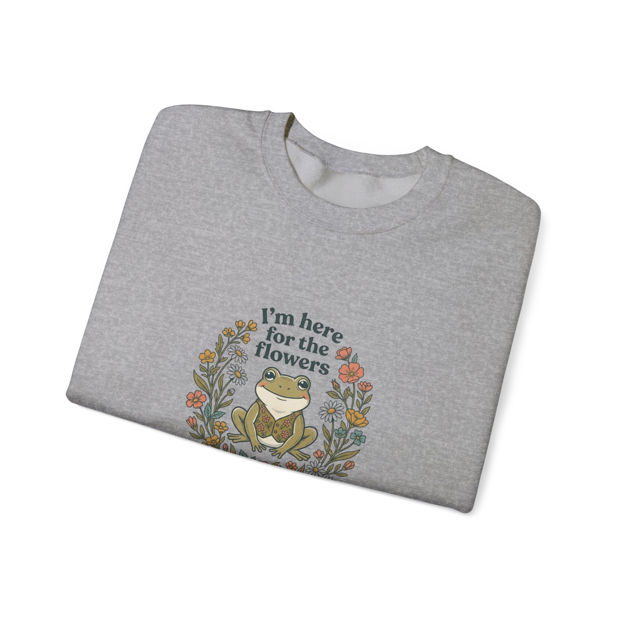 Crewneck Sweatshirt — “I’m Here for the Flowers” Frog Floral Graphic