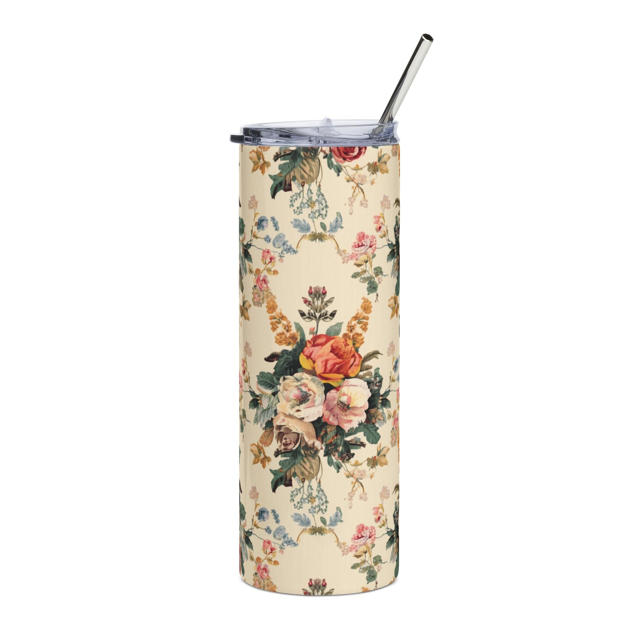 20oz Floral Vintage Stainless Steel Tumbler — Retro Rose Bouquet Travel Cup