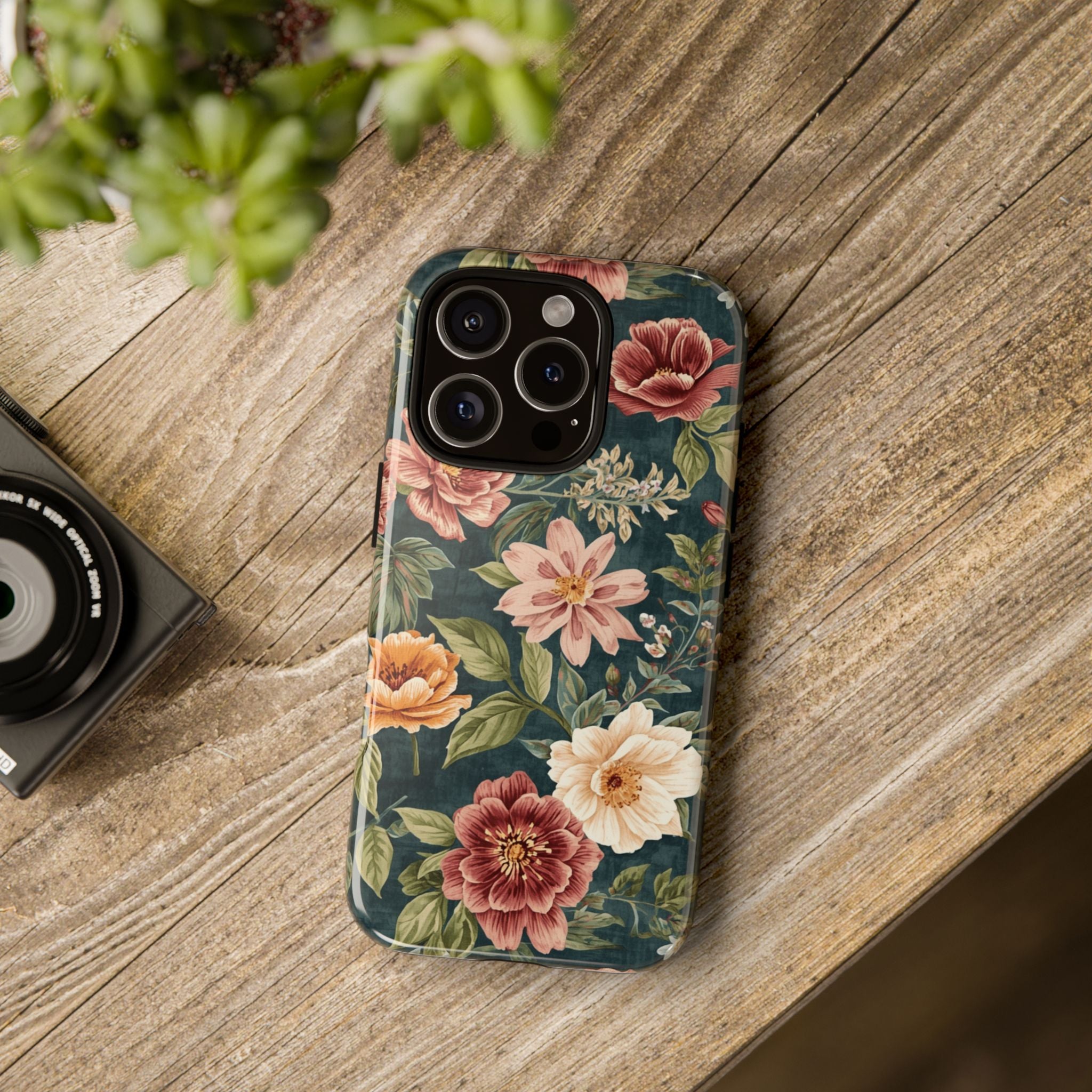 Floral Vintage Phone Case — Dark Green Rose Protective Case