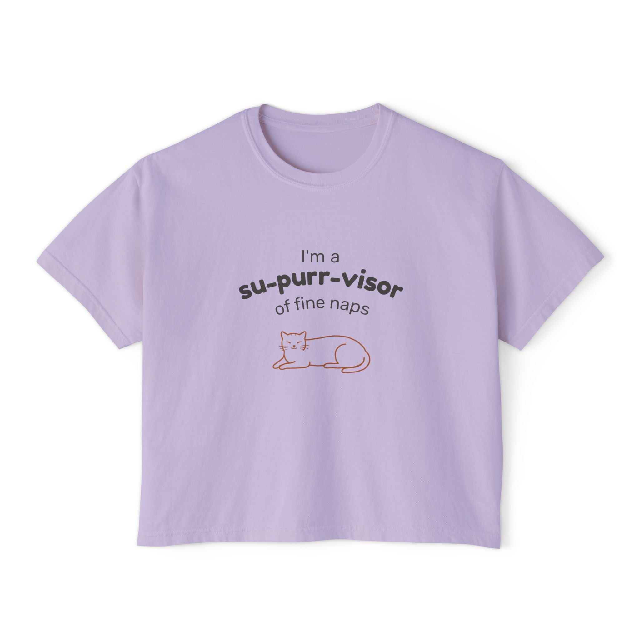 Women's Boxy Tee — "I'm a su-purr-visor of fine naps" Cute Cat Nap Graphic T-Shirt