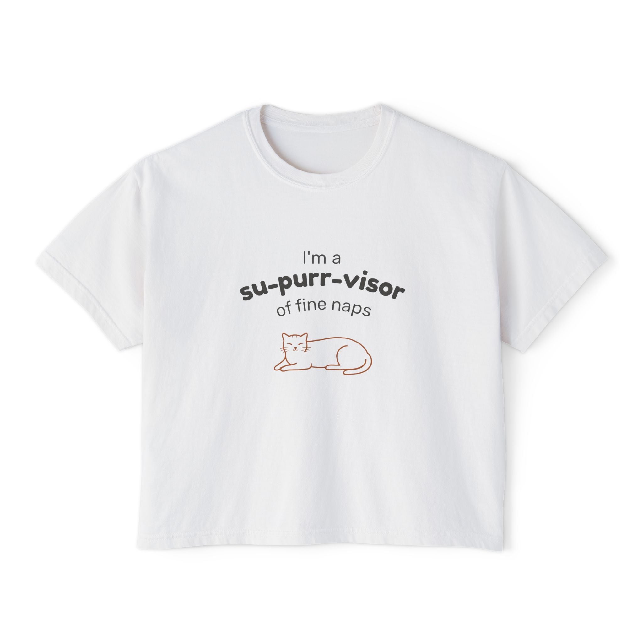 Women's Boxy Tee — "I'm a su-purr-visor of fine naps" Cute Cat Nap Graphic T-Shirt
