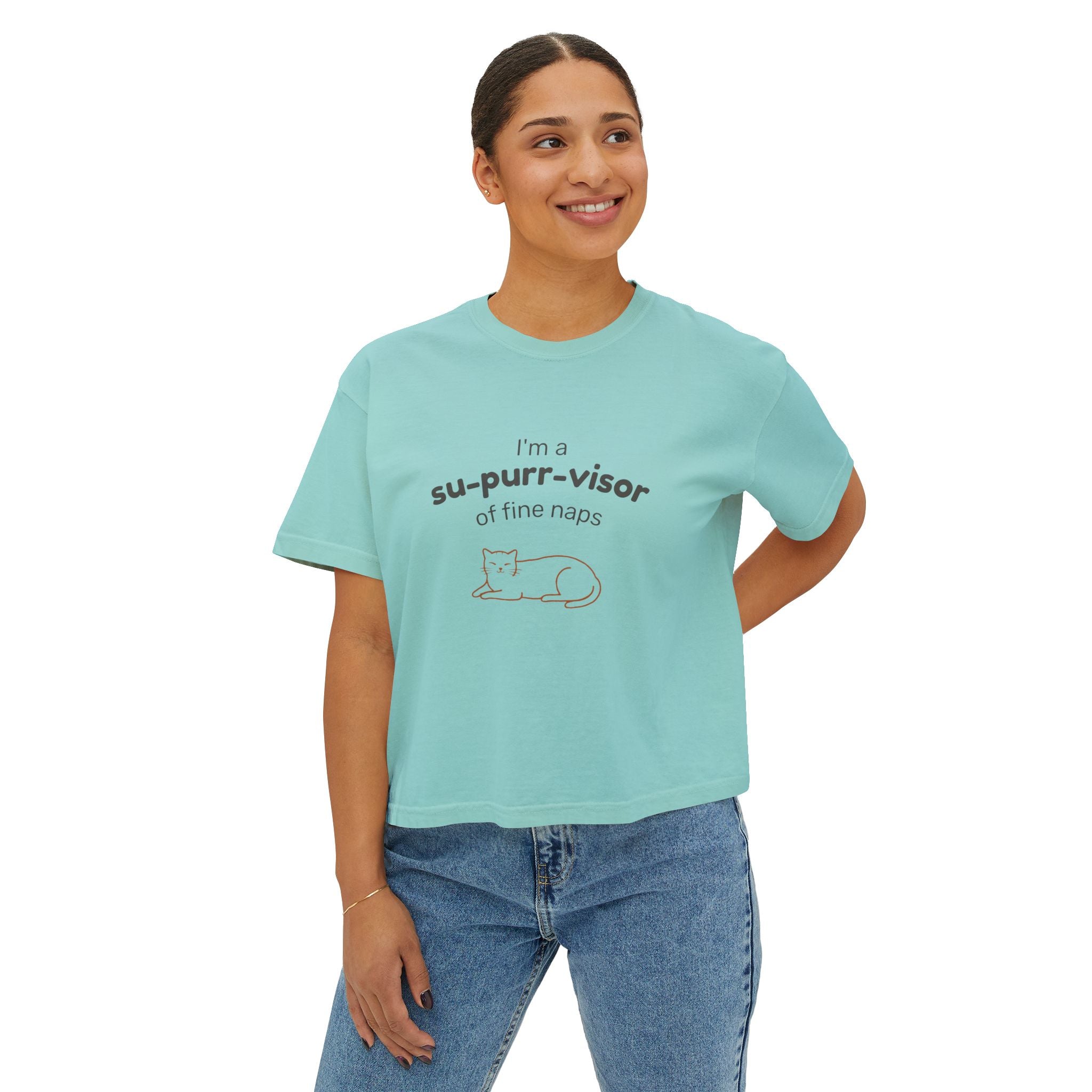 Women's Boxy Tee — "I'm a su-purr-visor of fine naps" Cute Cat Nap Graphic T-Shirt