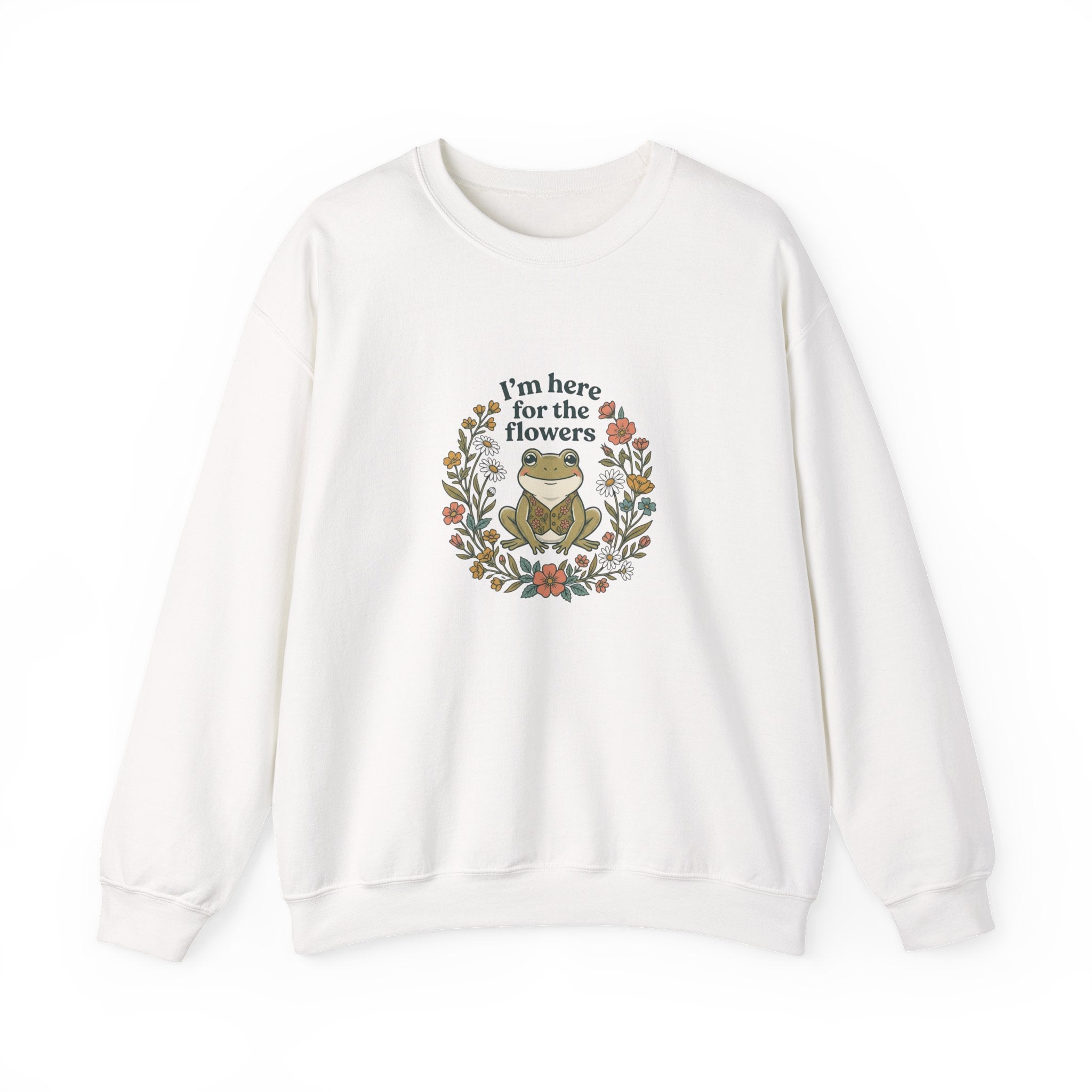 Crewneck Sweatshirt — “I’m Here for the Flowers” Frog Floral Graphic