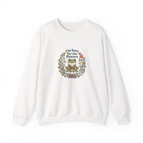 Crewneck Sweatshirt — “I’m Here for the Flowers” Frog Floral Graphic