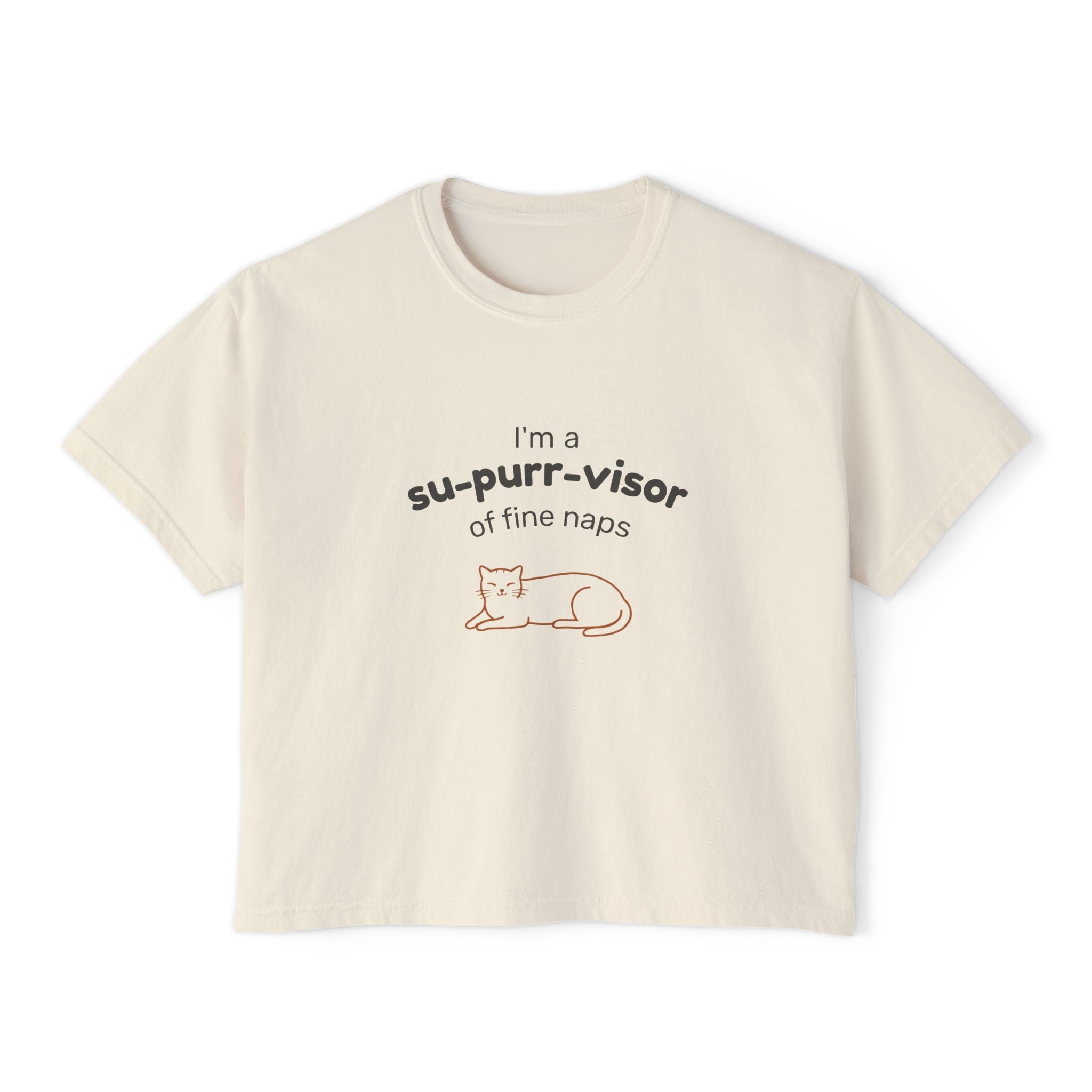 Women's Boxy Tee — "I'm a su-purr-visor of fine naps" Cute Cat Nap Graphic T-Shirt