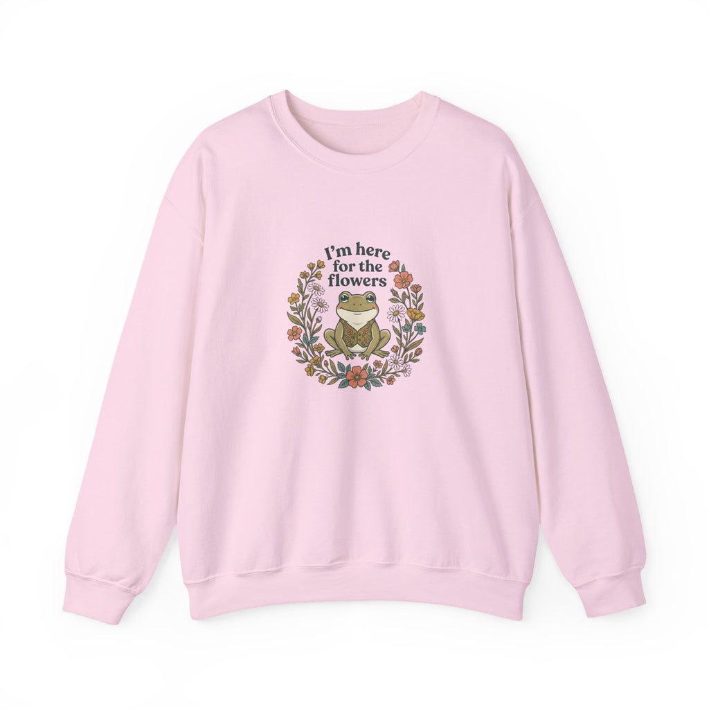 Crewneck Sweatshirt — “I’m Here for the Flowers” Frog Floral Graphic