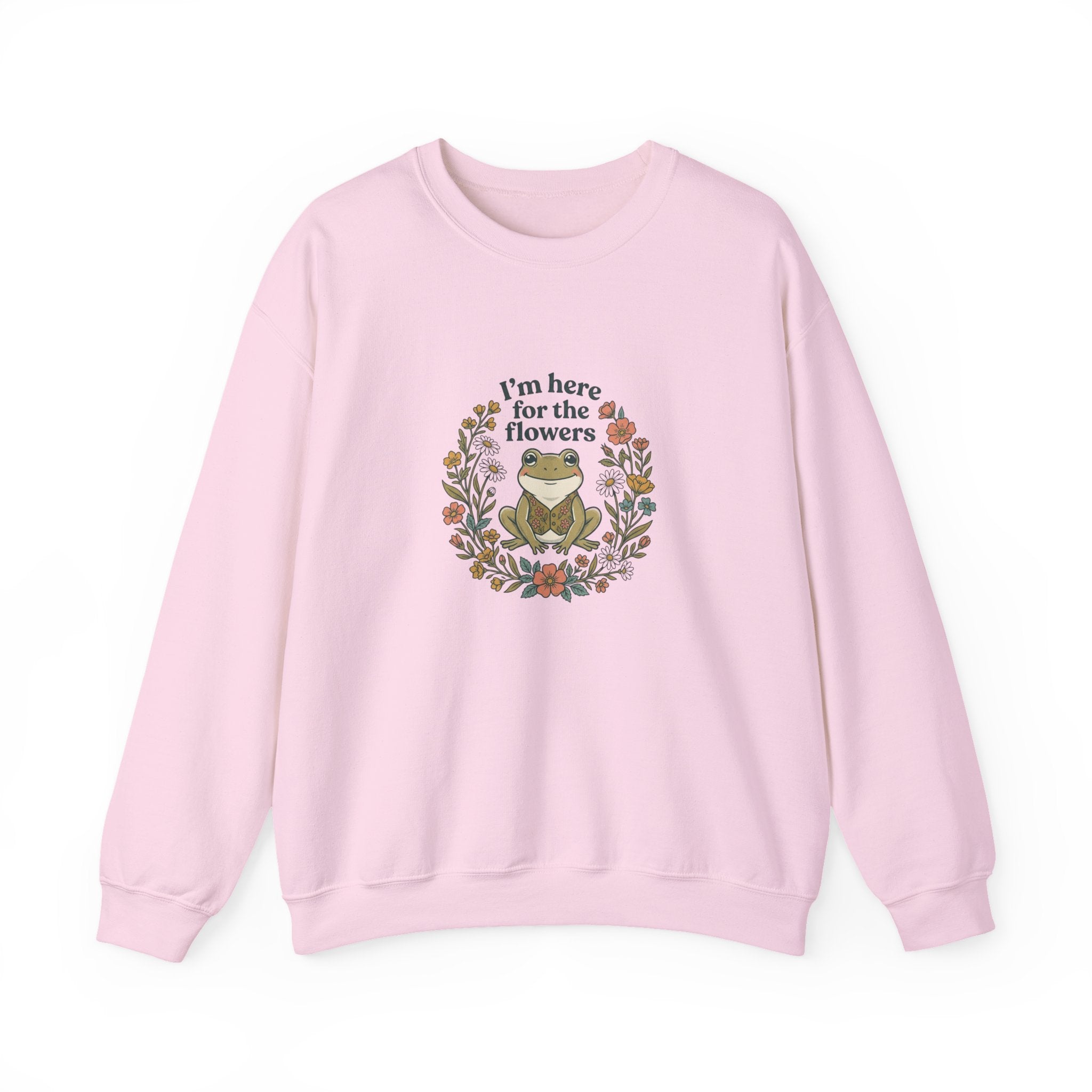 Crewneck Sweatshirt — “I’m Here for the Flowers” Frog Floral Graphic