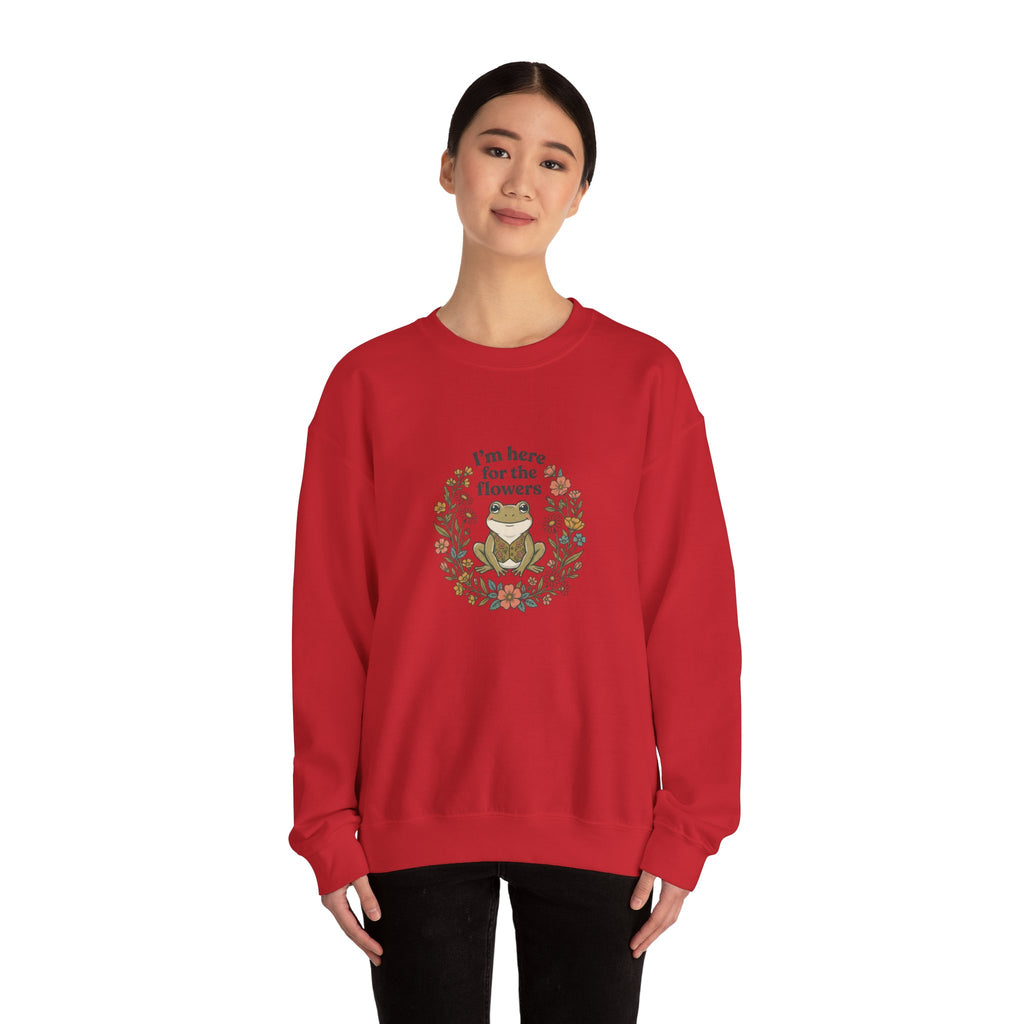 Crewneck Sweatshirt — “I’m Here for the Flowers” Frog Floral Graphic