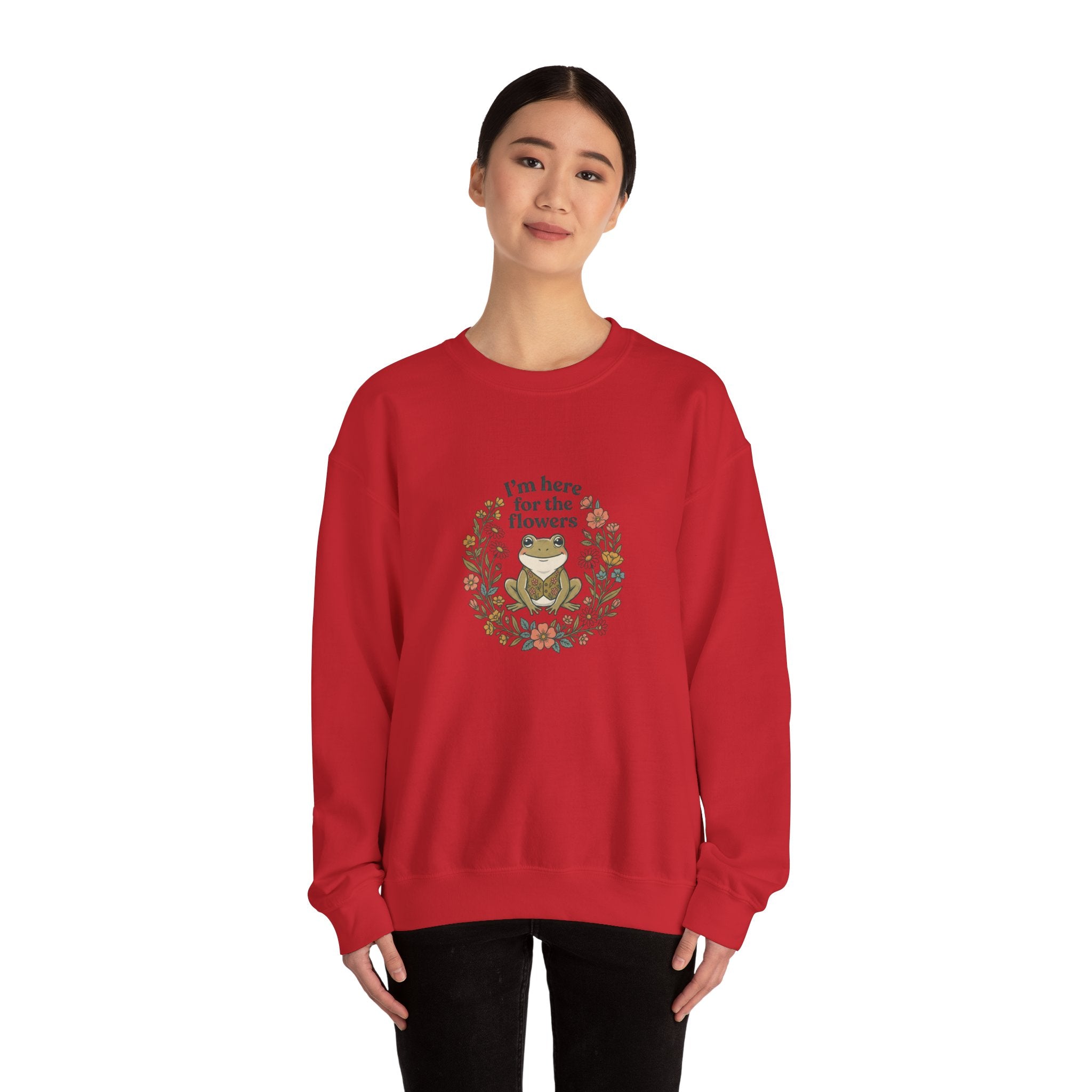 Crewneck Sweatshirt — “I’m Here for the Flowers” Frog Floral Graphic