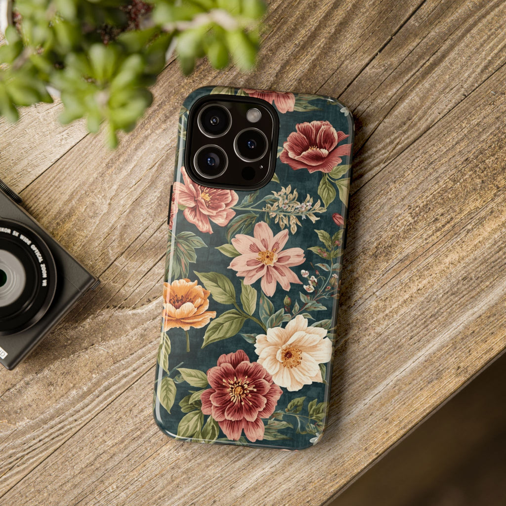 Floral Vintage Phone Case — Dark Green Rose Protective Case