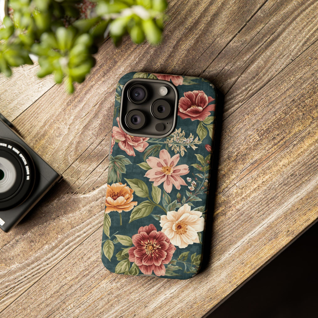 Floral Vintage Phone Case — Dark Green Rose Protective Case