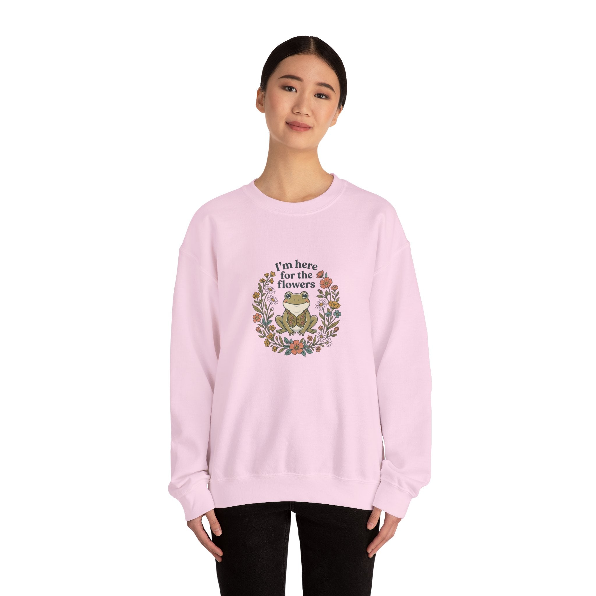 Crewneck Sweatshirt — “I’m Here for the Flowers” Frog Floral Graphic