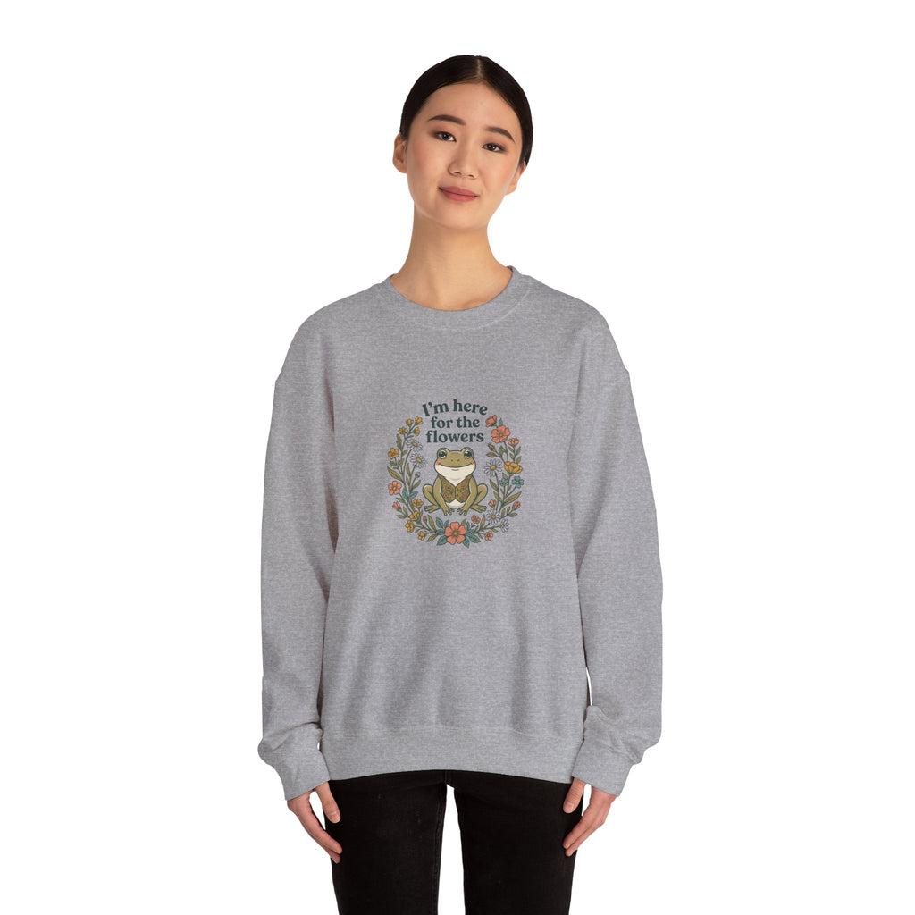 Crewneck Sweatshirt — “I’m Here for the Flowers” Frog Floral Graphic