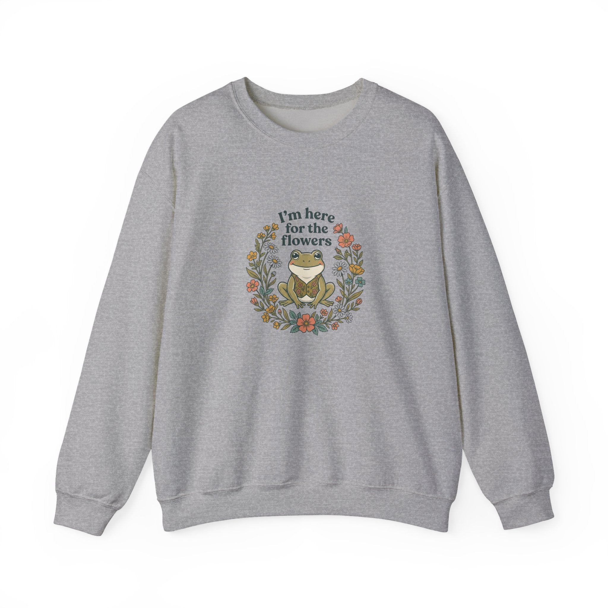 Crewneck Sweatshirt — “I’m Here for the Flowers” Frog Floral Graphic
