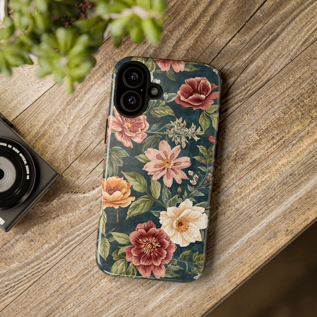 Floral Vintage Phone Case — Dark Green Rose Protective Case