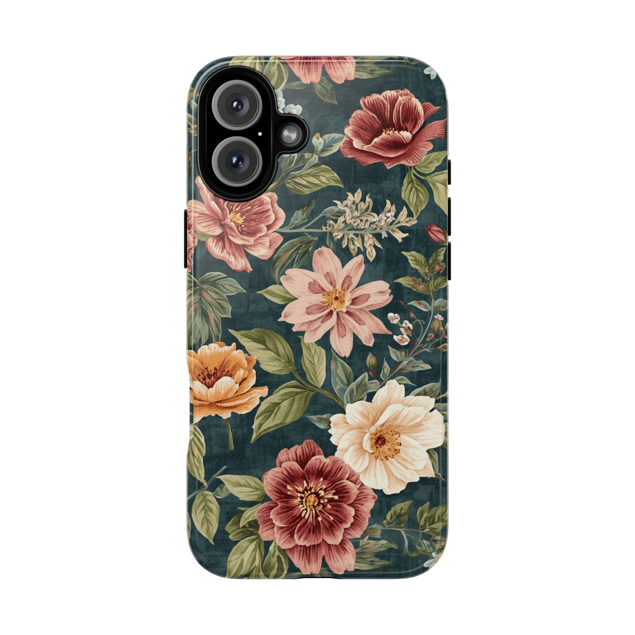 Floral Vintage Phone Case — Dark Green Rose Protective Case