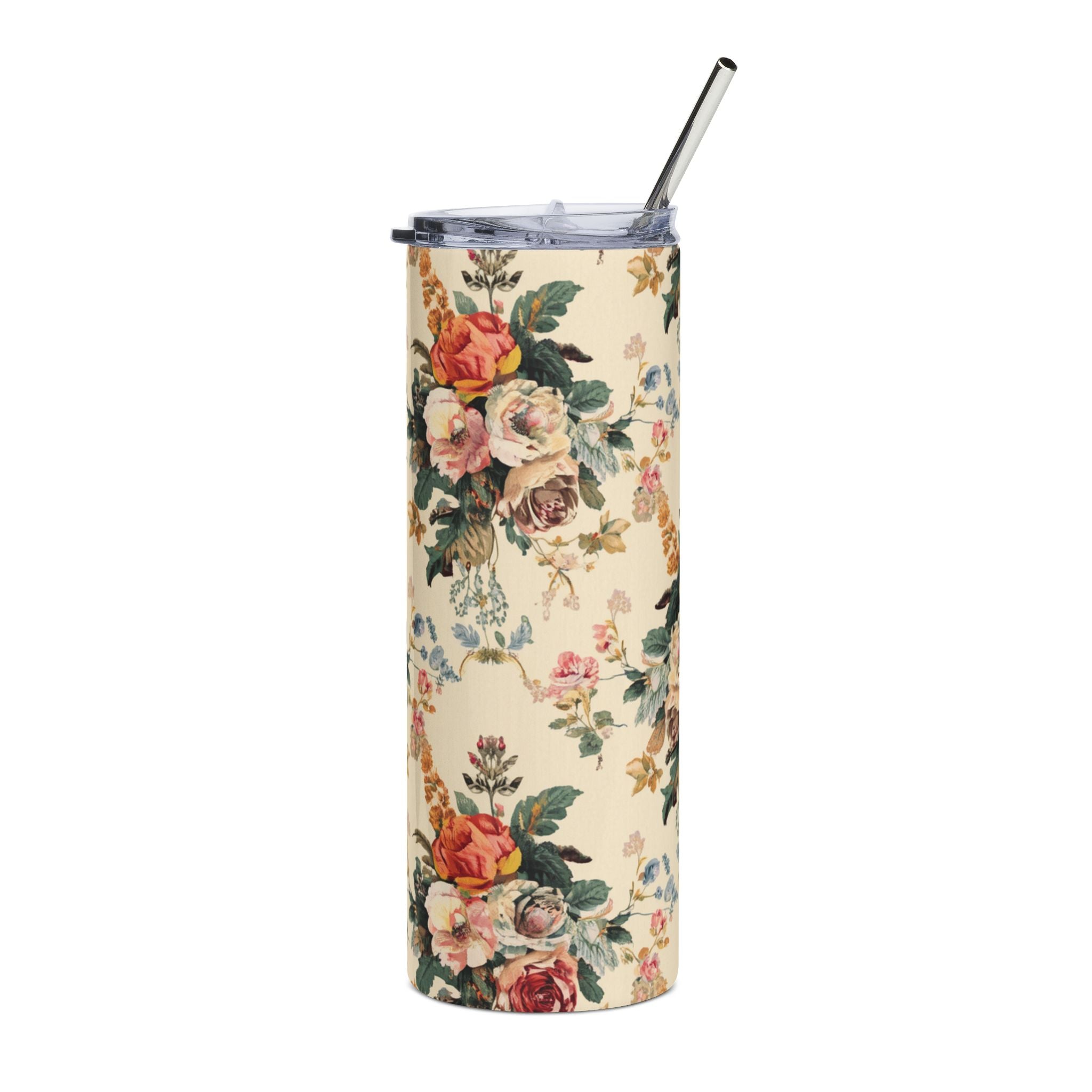 20oz Floral Vintage Stainless Steel Tumbler — Retro Rose Bouquet Travel Cup