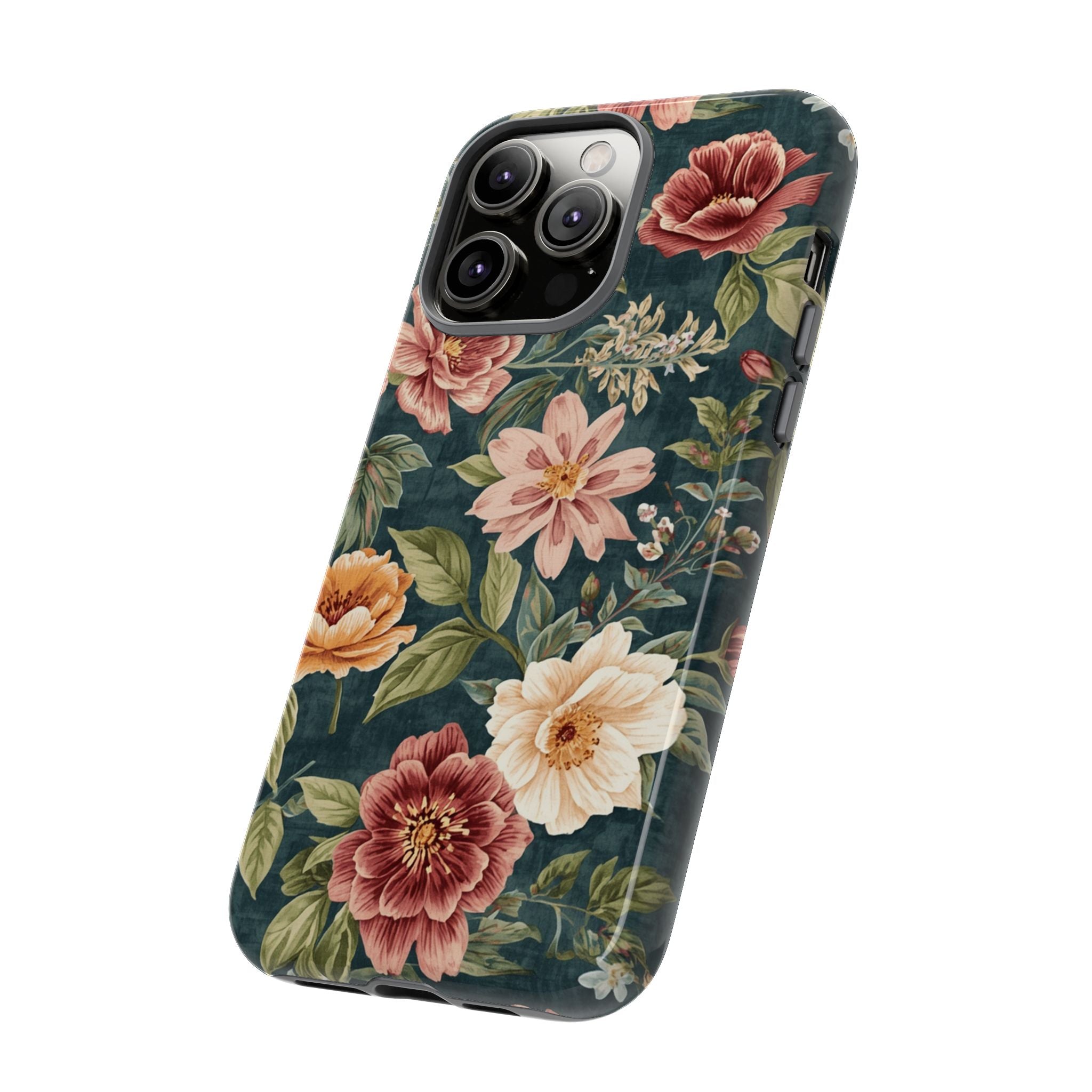 Floral Vintage Phone Case — Dark Green Rose Protective Case