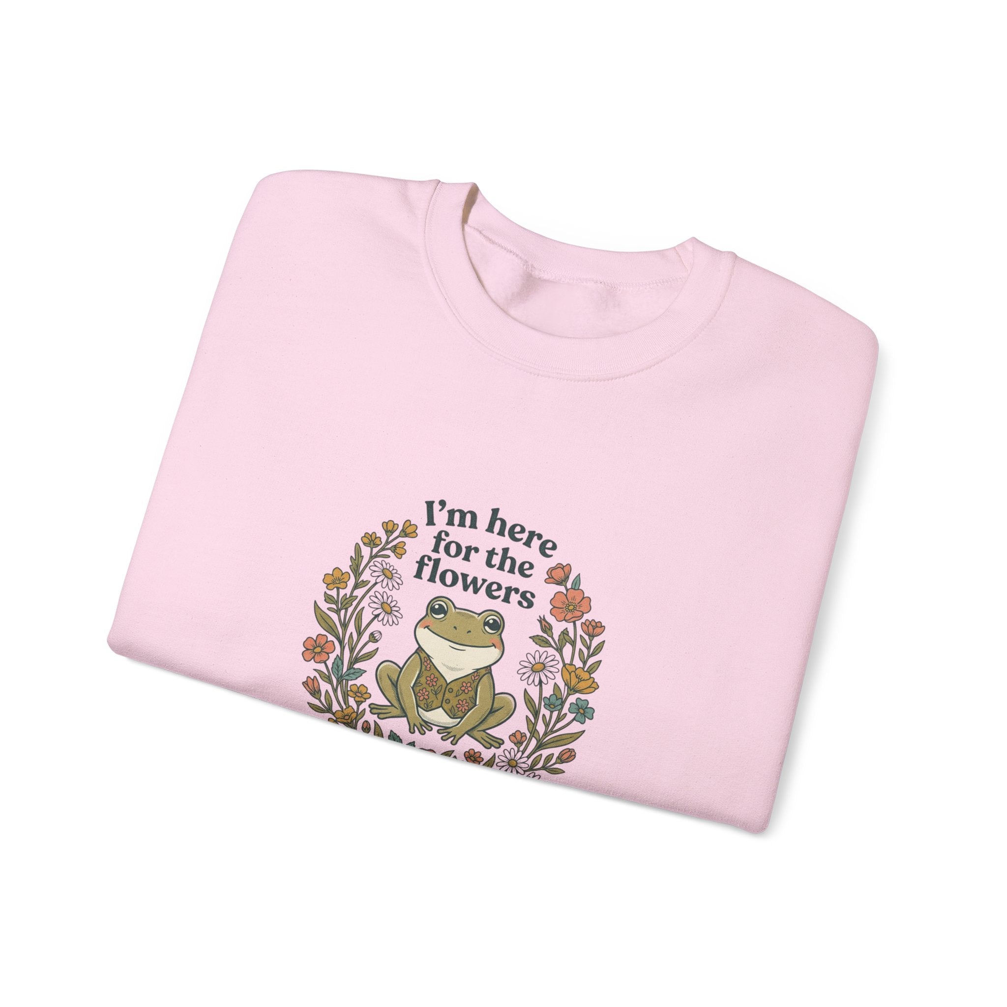 Crewneck Sweatshirt — “I’m Here for the Flowers” Frog Floral Graphic