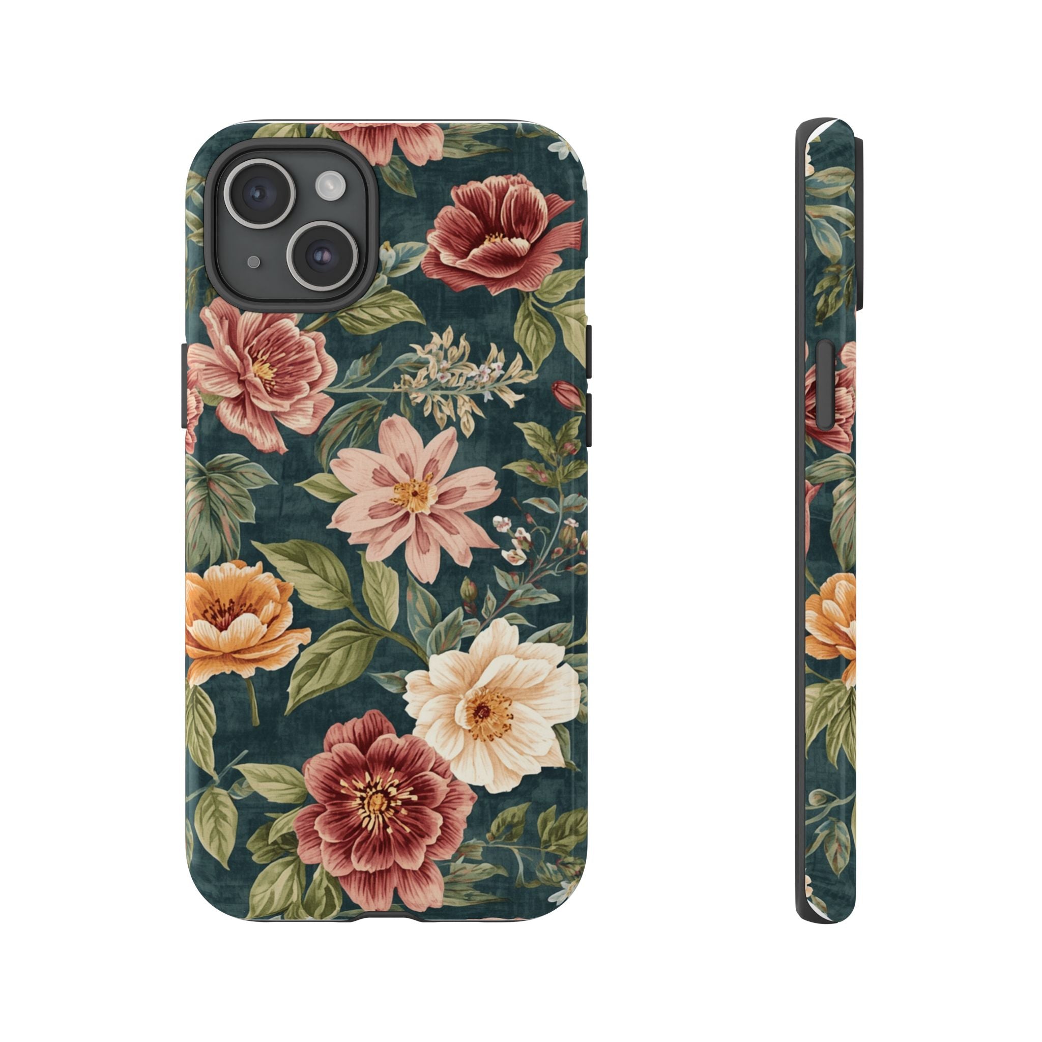 Floral Vintage Phone Case — Dark Green Rose Protective Case