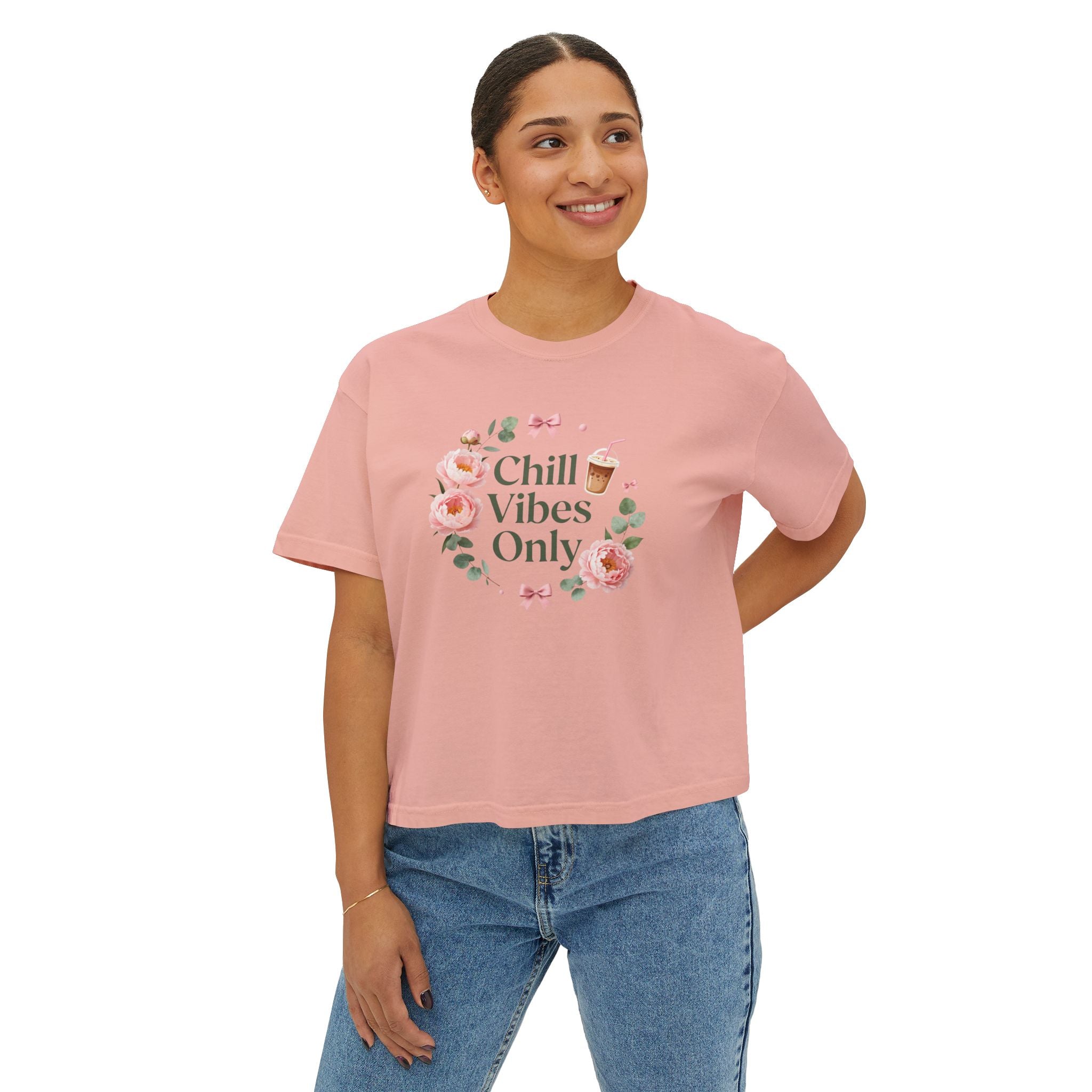 Chill Vibes Only Floral Boxy Tee — Women's Relaxed Crop T‑Shirt