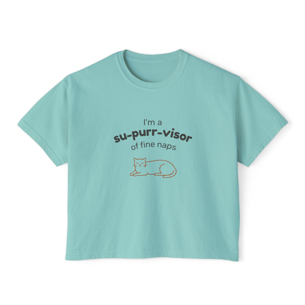 Women's Boxy Tee — "I'm a su-purr-visor of fine naps" Cute Cat Nap Graphic T-Shirt