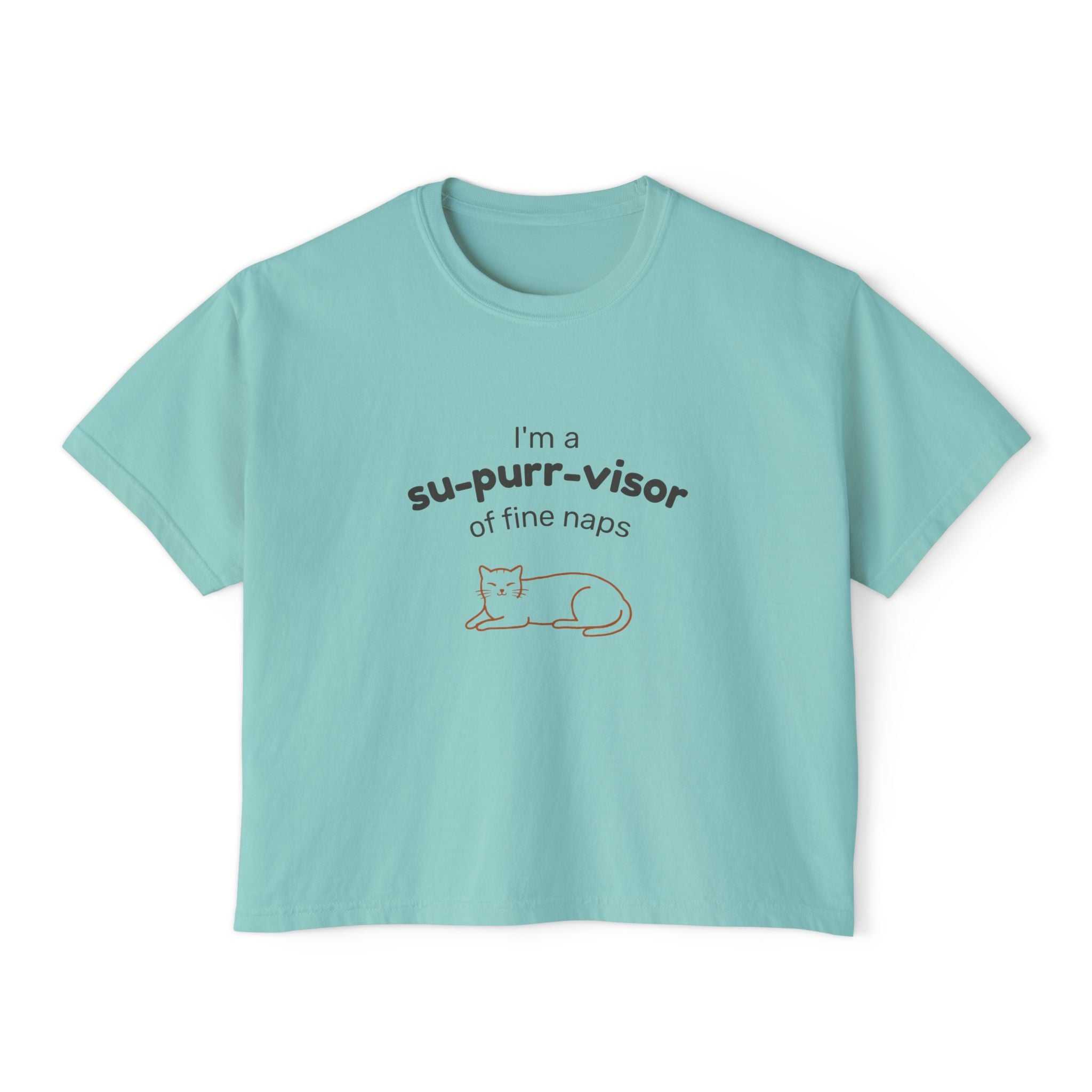 Women's Boxy Tee — "I'm a su-purr-visor of fine naps" Cute Cat Nap Graphic T-Shirt