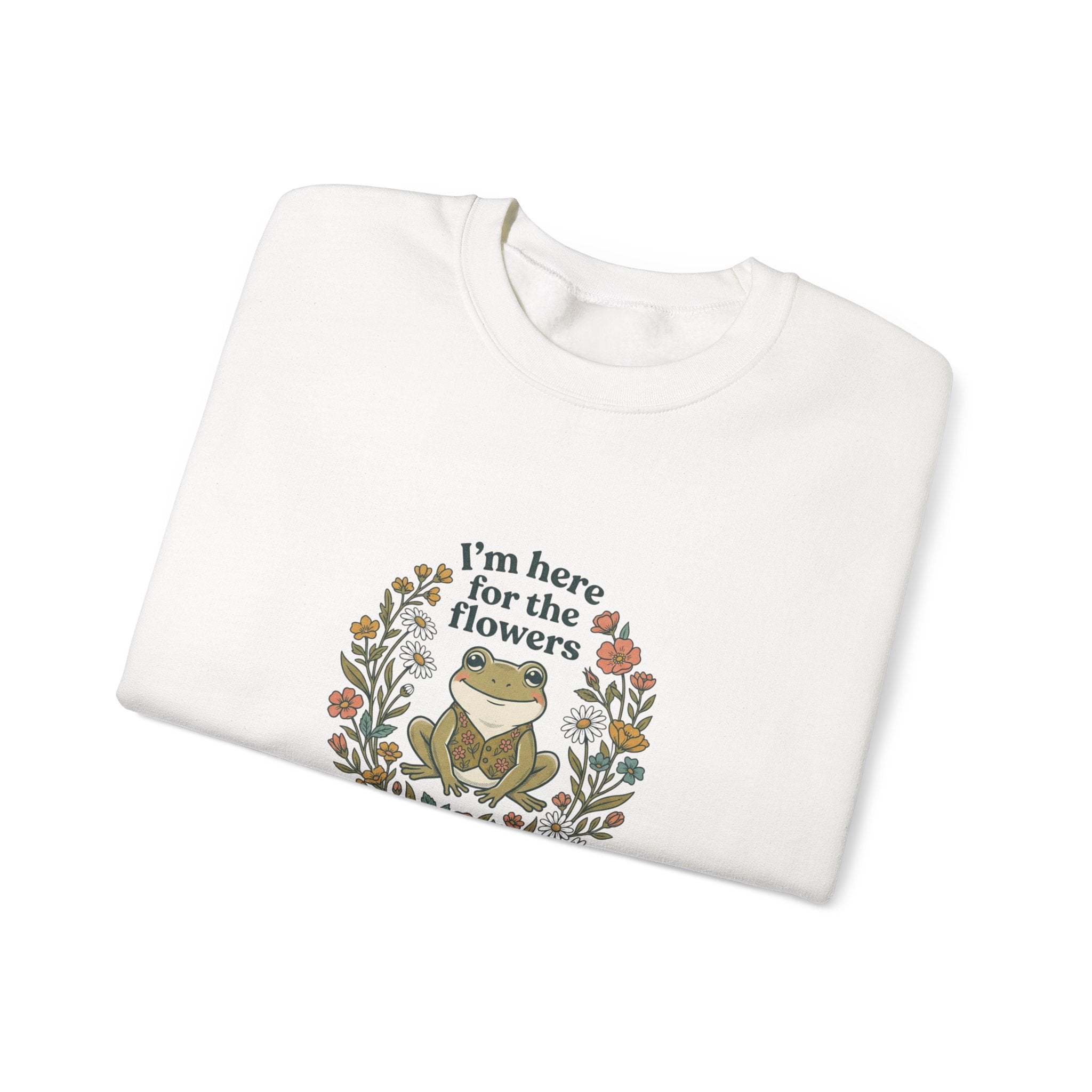 Crewneck Sweatshirt — “I’m Here for the Flowers” Frog Floral Graphic