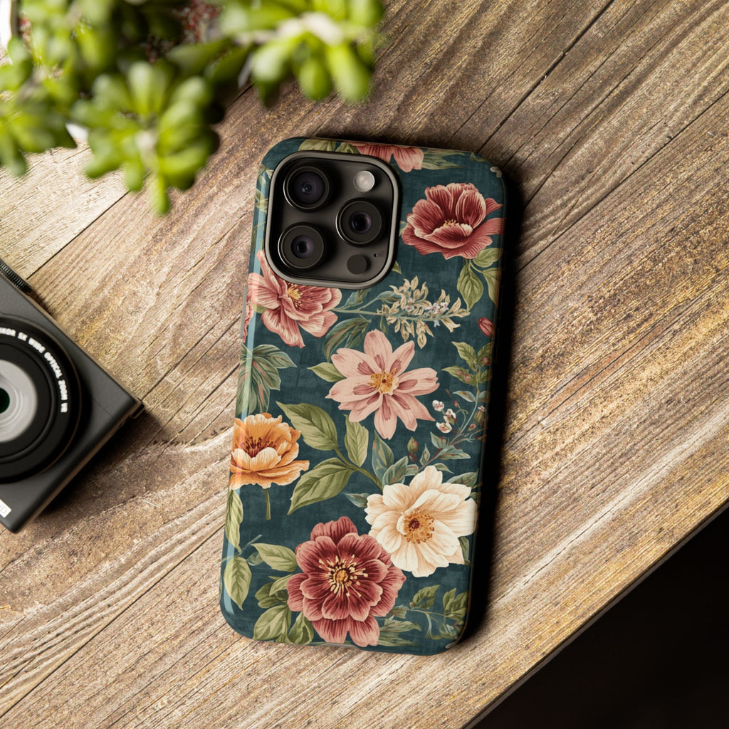 Floral Vintage Phone Case — Dark Green Rose Protective Case