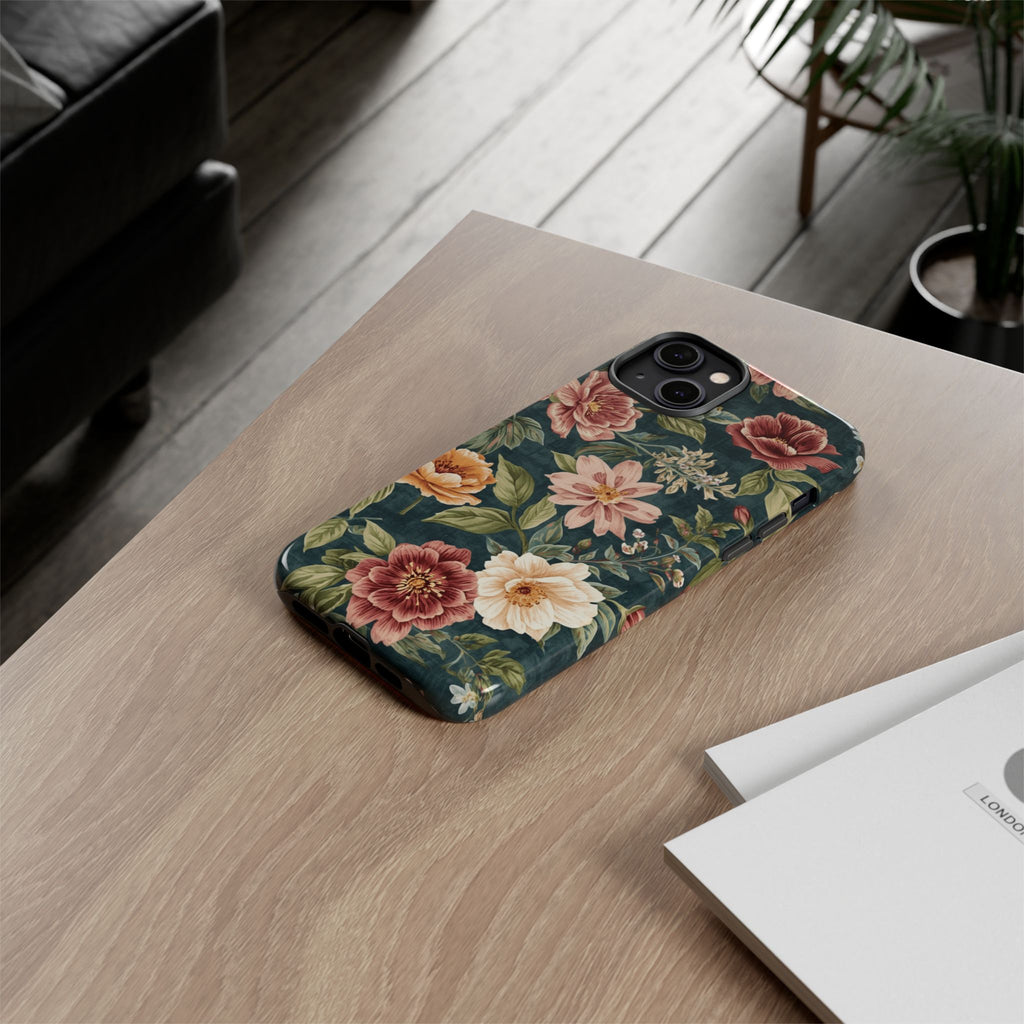 Floral Vintage Phone Case — Dark Green Rose Protective Case