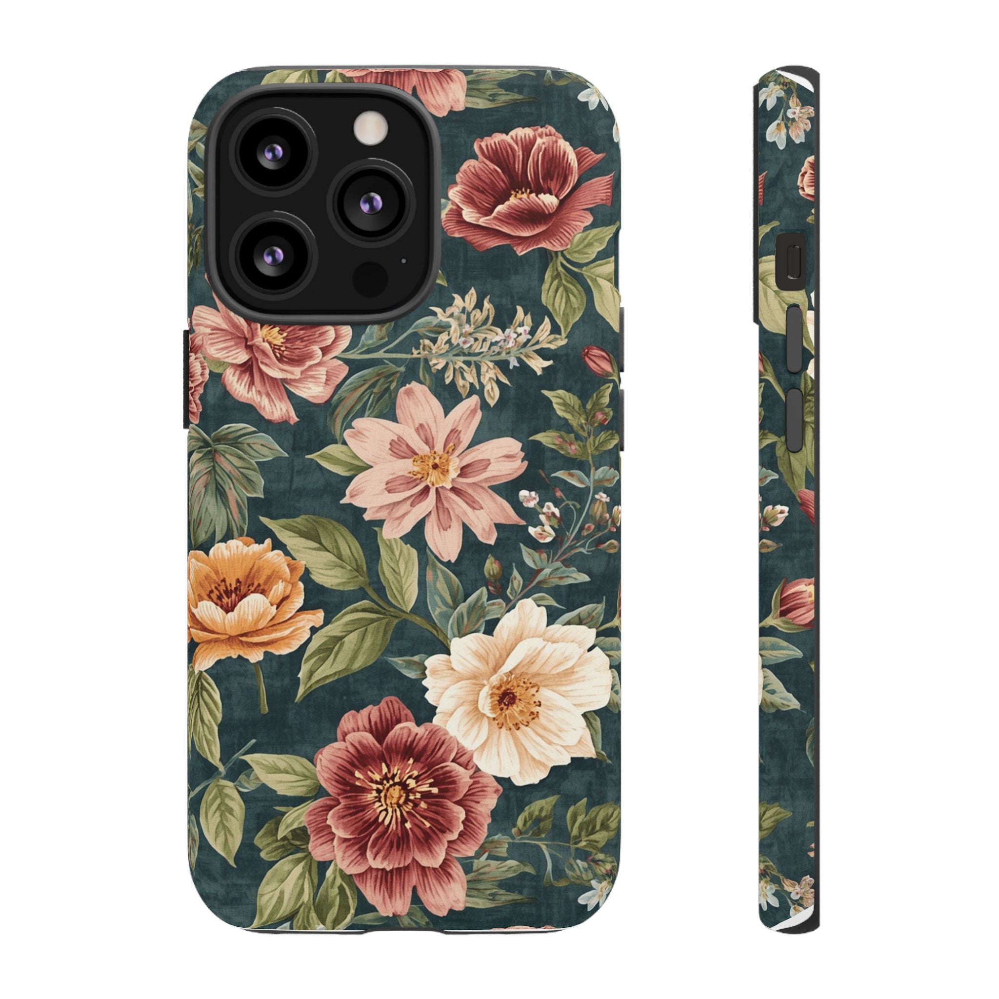 Floral Vintage Phone Case — Dark Green Rose Protective Case