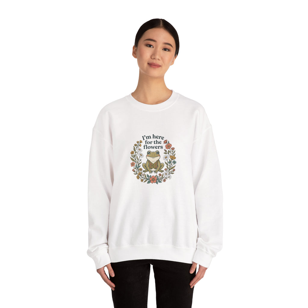 Crewneck Sweatshirt — “I’m Here for the Flowers” Frog Floral Graphic