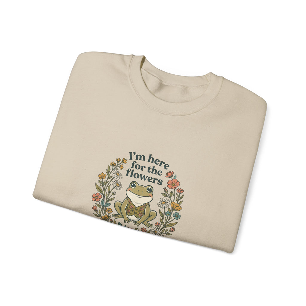 Crewneck Sweatshirt — “I’m Here for the Flowers” Frog Floral Graphic