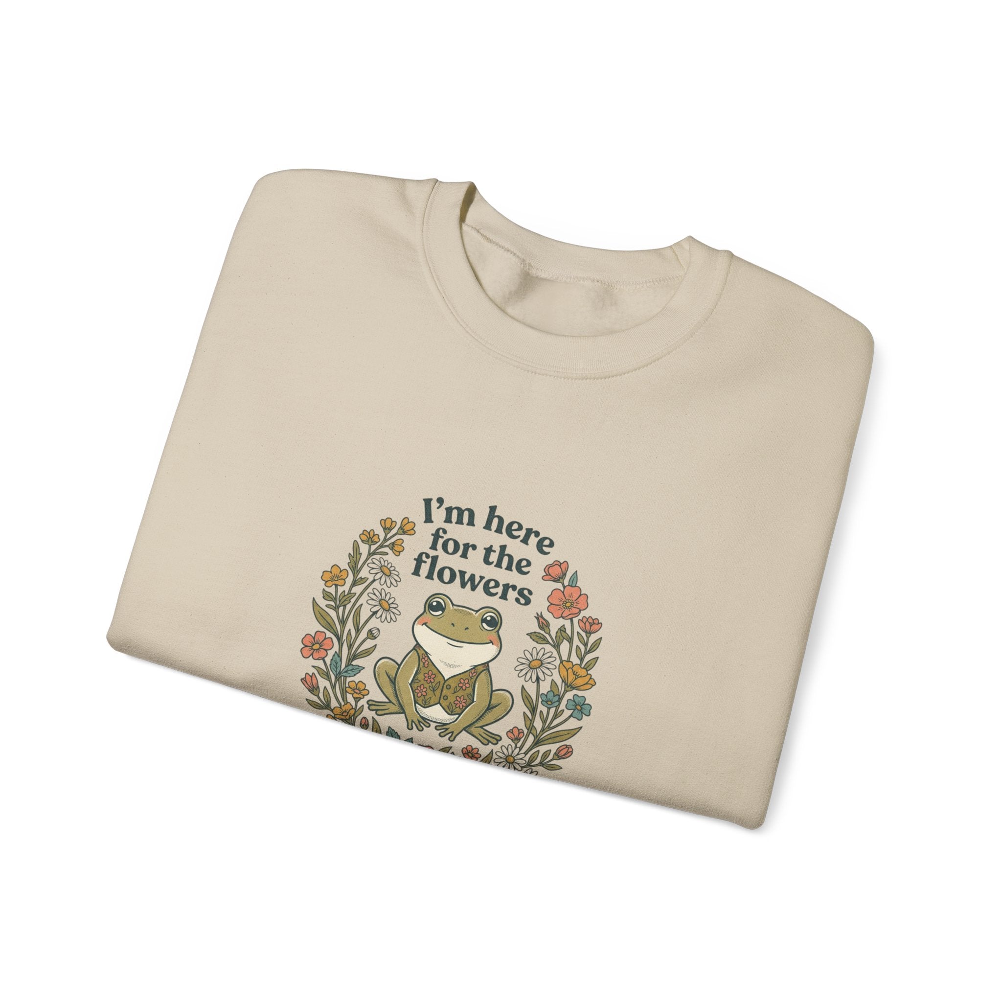 Crewneck Sweatshirt — “I’m Here for the Flowers” Frog Floral Graphic