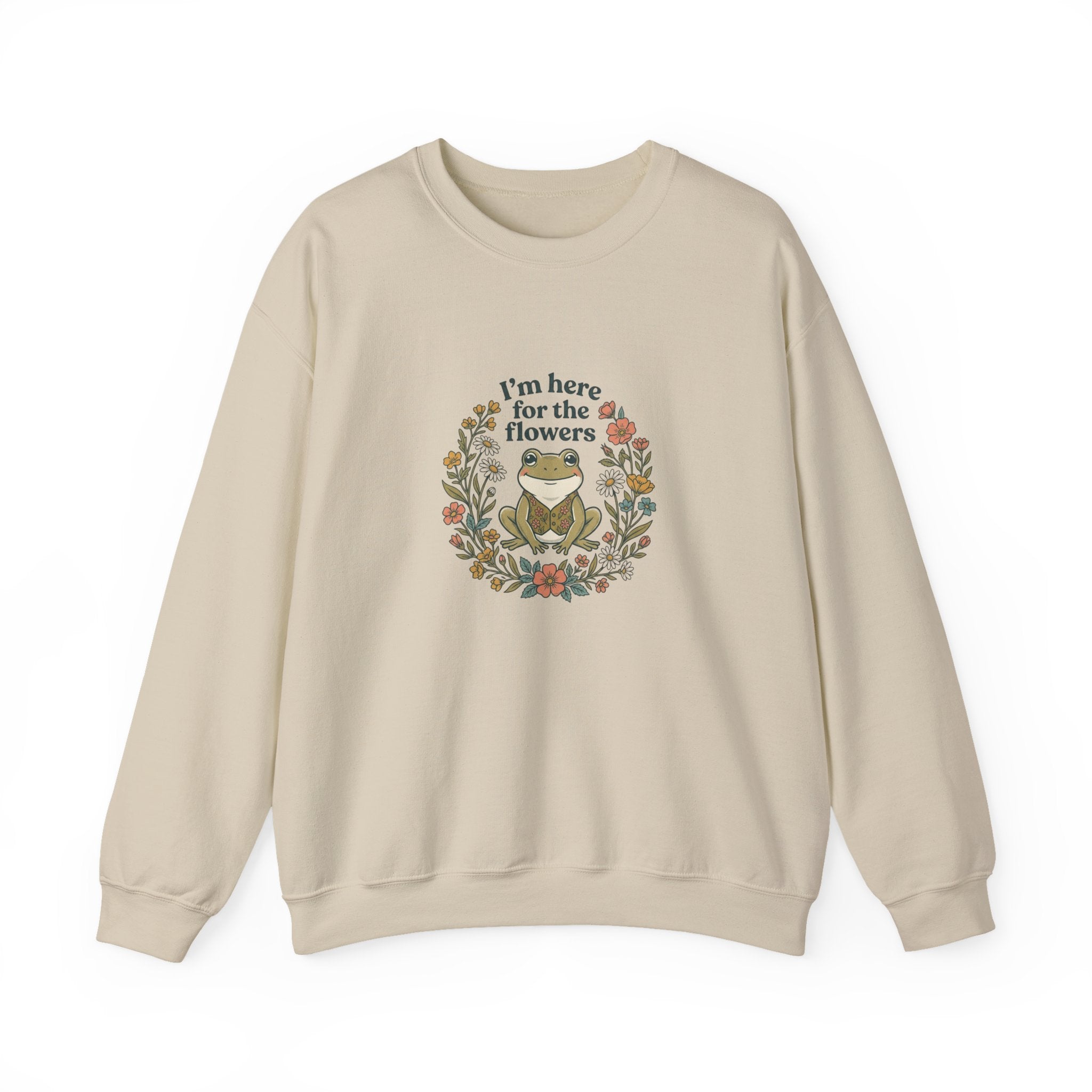 Crewneck Sweatshirt — “I’m Here for the Flowers” Frog Floral Graphic