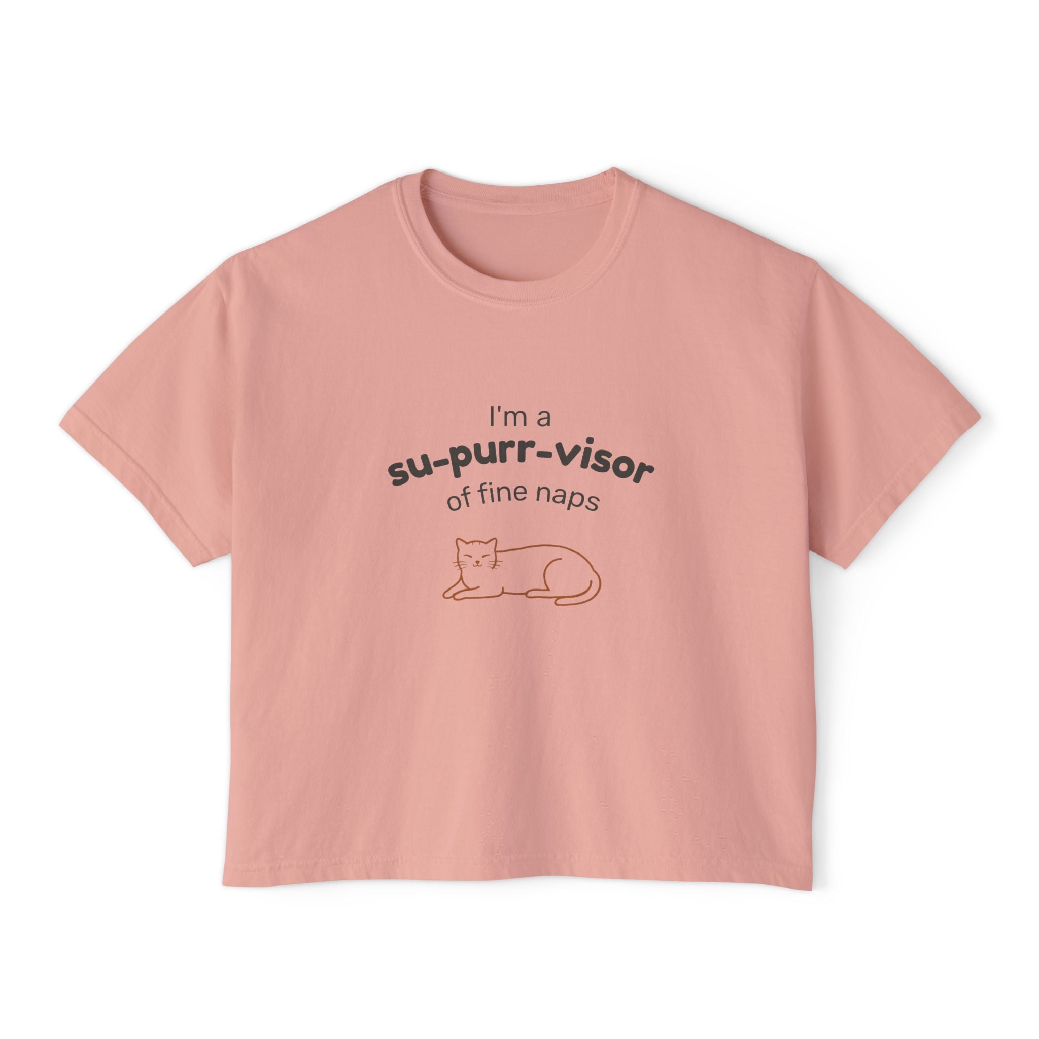 Women's Boxy Tee — "I'm a su-purr-visor of fine naps" Cute Cat Nap Graphic T-Shirt