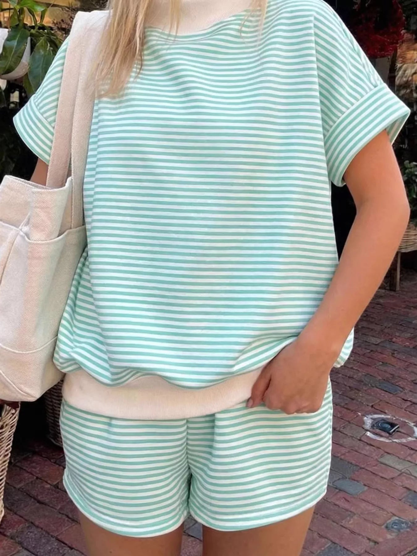 Full Size Striped Round Neck Tee and Shorts Set Plus Size