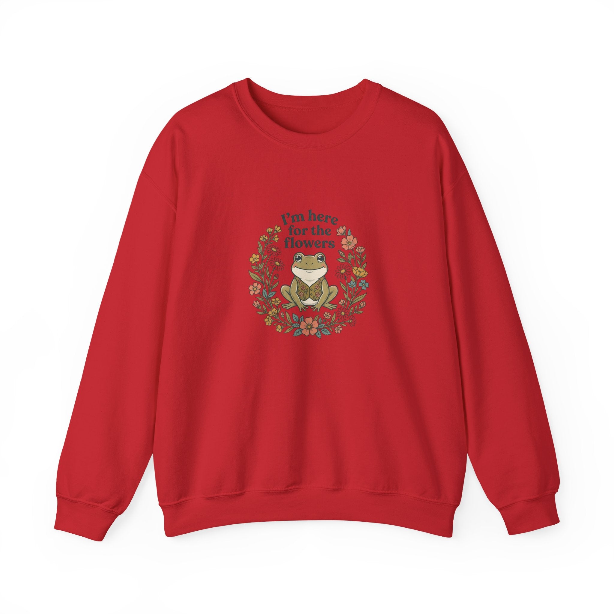Crewneck Sweatshirt — “I’m Here for the Flowers” Frog Floral Graphic