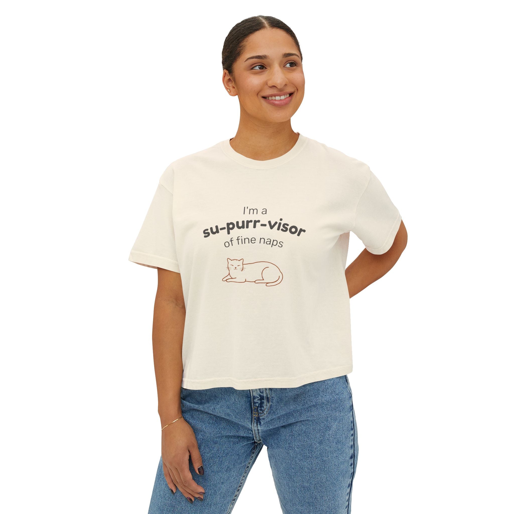 Women's Boxy Tee — "I'm a su-purr-visor of fine naps" Cute Cat Nap Graphic T-Shirt