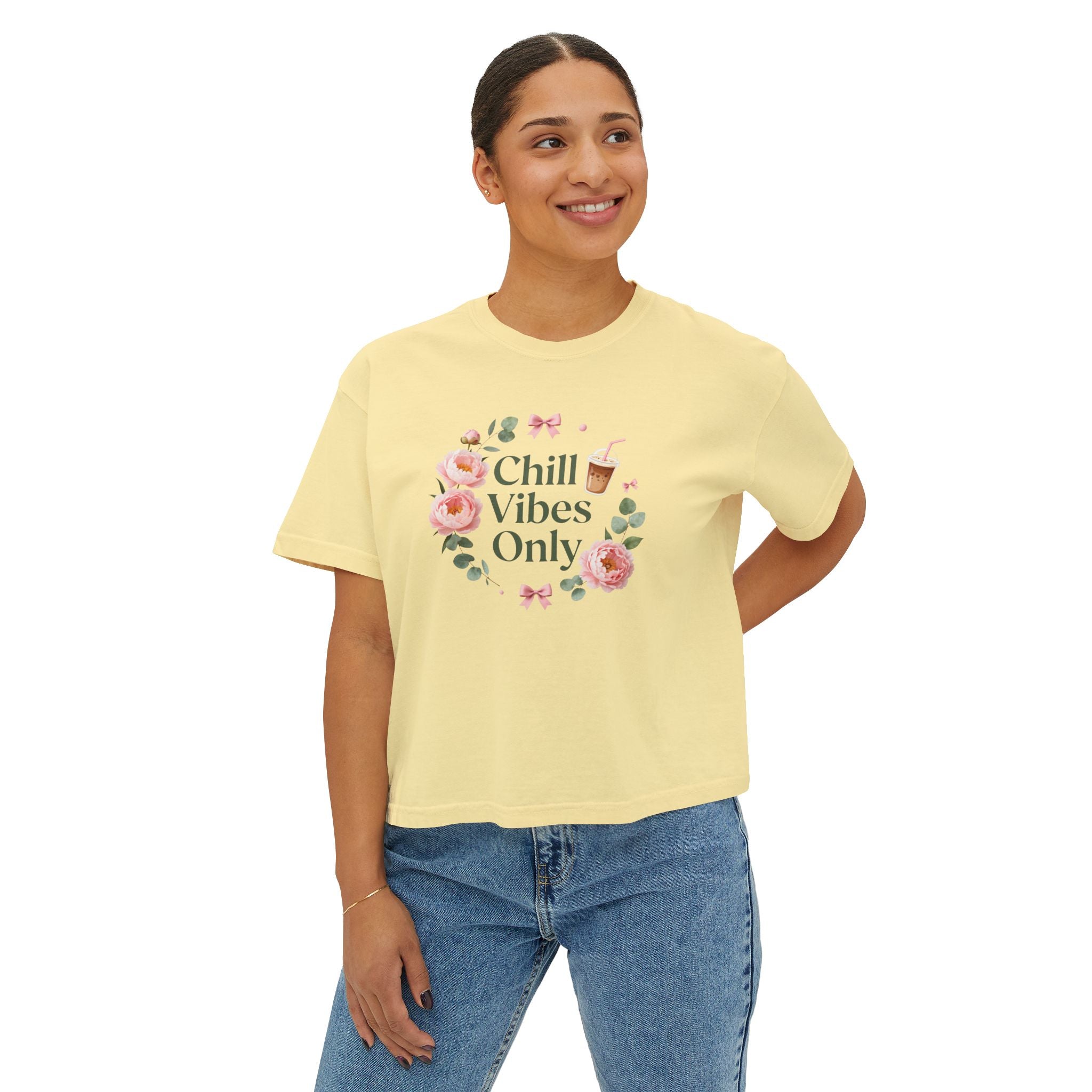 Chill Vibes Only Floral Boxy Tee — Women's Relaxed Crop T‑Shirt