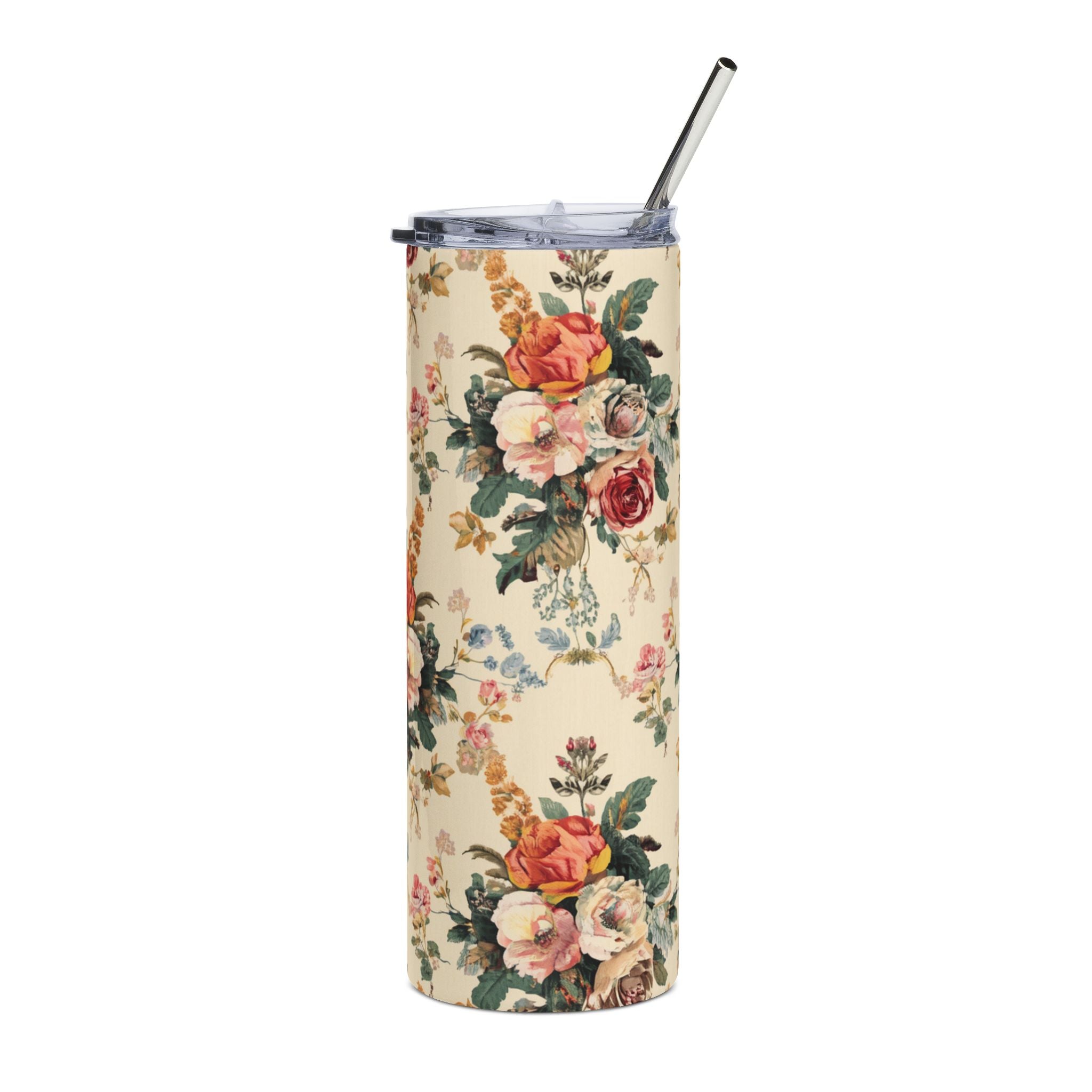 20oz Floral Vintage Stainless Steel Tumbler — Retro Rose Bouquet Travel Cup