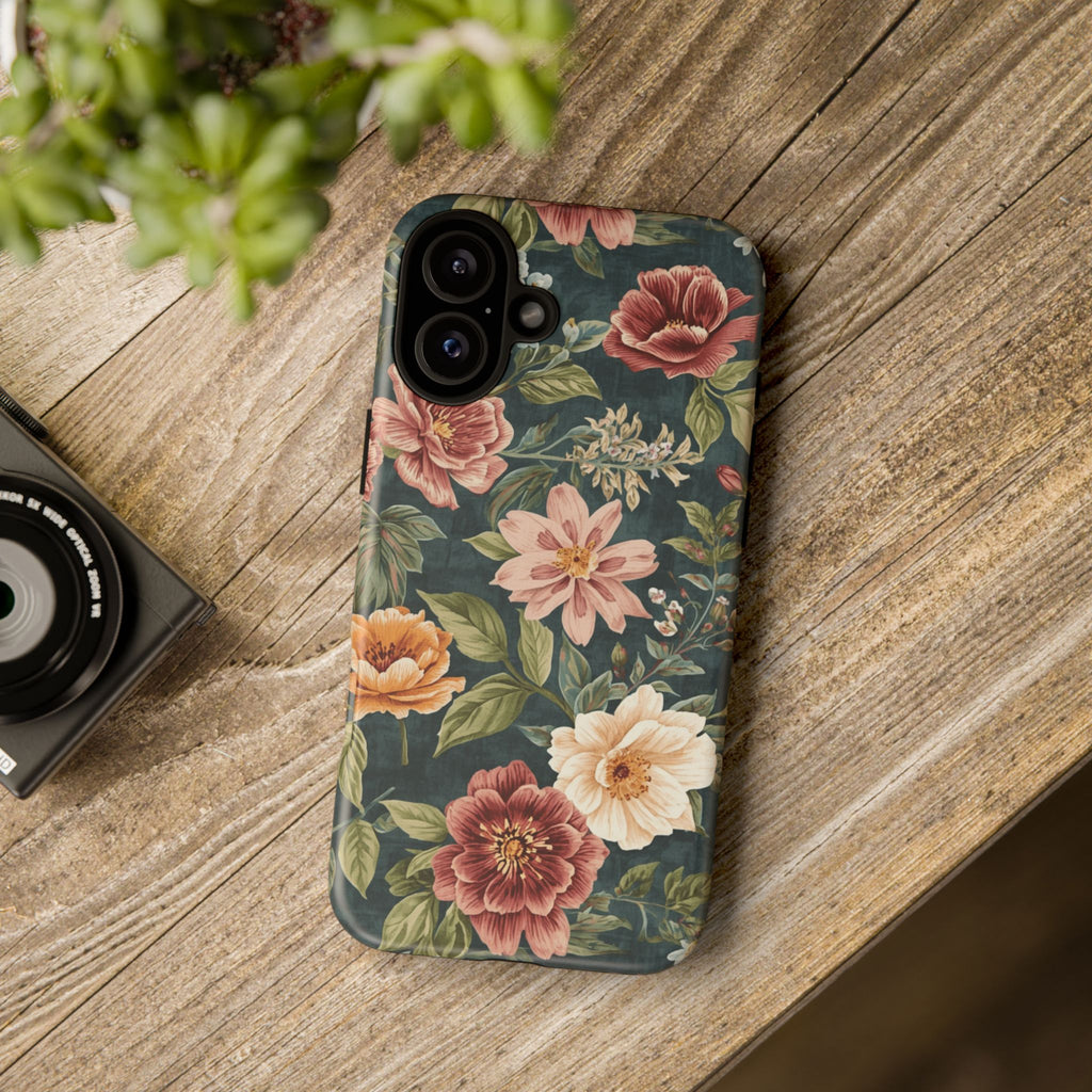 Floral Vintage Phone Case — Dark Green Rose Protective Case
