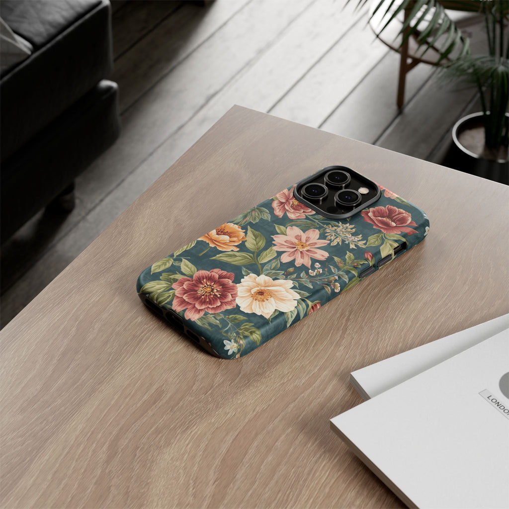 Floral Vintage Phone Case — Dark Green Rose Protective Case