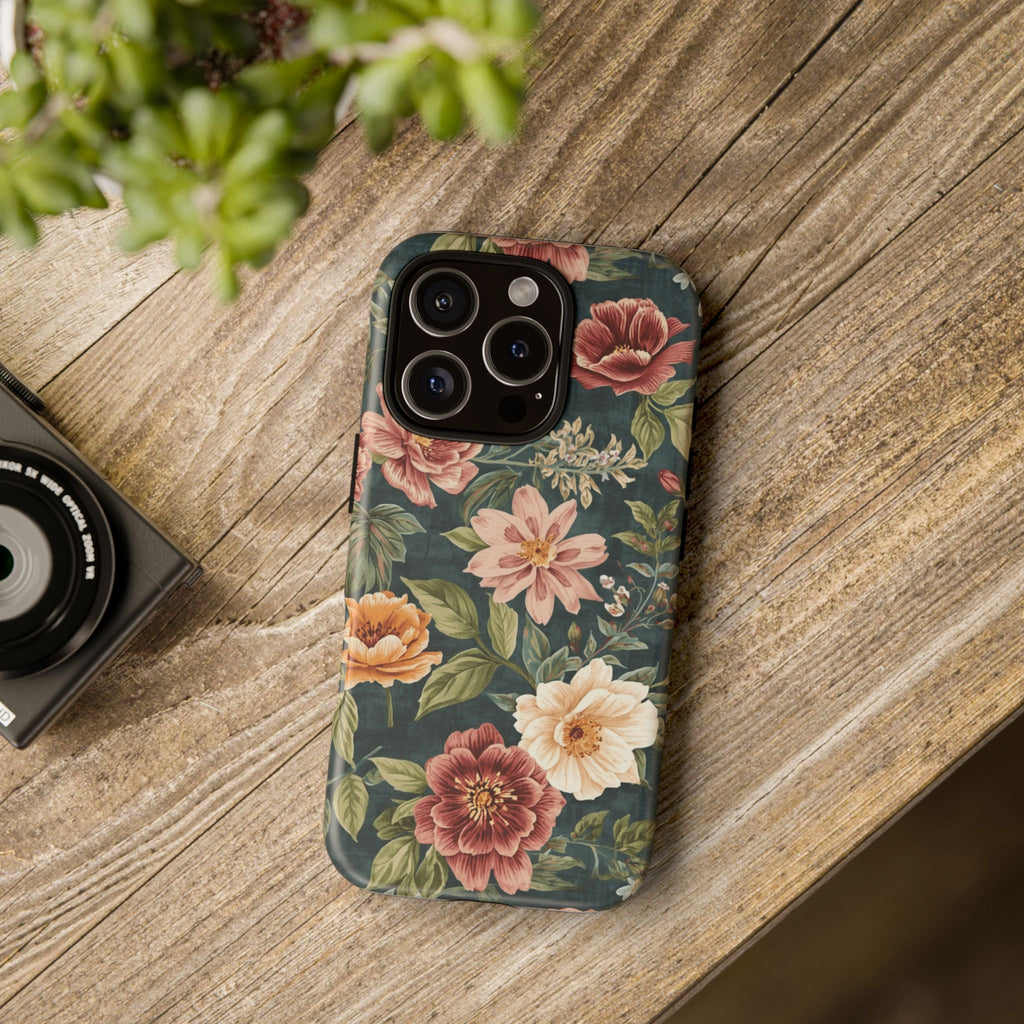 Floral Vintage Phone Case — Dark Green Rose Protective Case