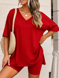 Full Size Casual Loose V-Neck T-Shirt & Shorts Set Plus Size